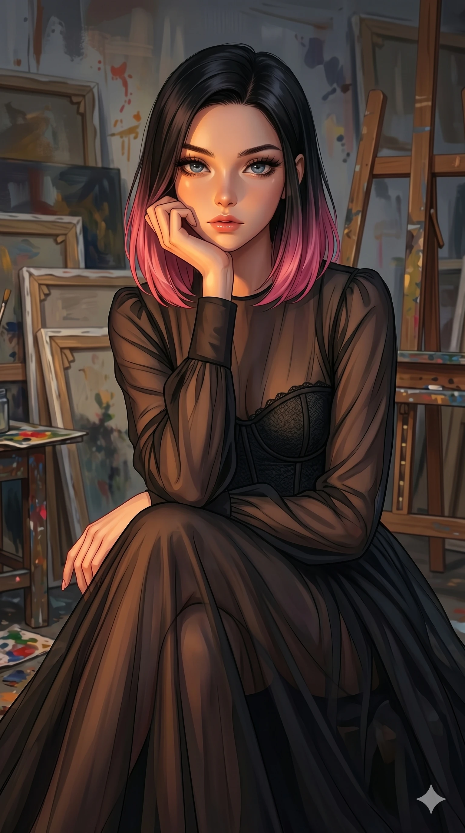score_9, masterpiece, best quality, ultra-detailed, high-budget anime keyframe, editorial fashion photography, tasteful artistic composition, Korean woman. cowboy shot from the thighs up, character and outfit filling the frame for maximum editorial presence. resting her chin on her hand, looking directly at the camera with a confident gaze inside an art studio with oil canvases (Code-P17-160). She has an absolutely perfect 8-heads proportion, an exceptionally tall and slender female figure with impossibly long slender legs and an ultra-slim waist. V-shaped jawline, high-bridge nose, intricate jewel-like eyes with depth, thick eyelashes, glossy lips with a natural sheen. wearing a sheer chiffon dress with a black corset bodice. warm amber firelight casting dancing shadows and a soft golden glow over her features. 2k, ultra detail, master piece, 9:16 ratio