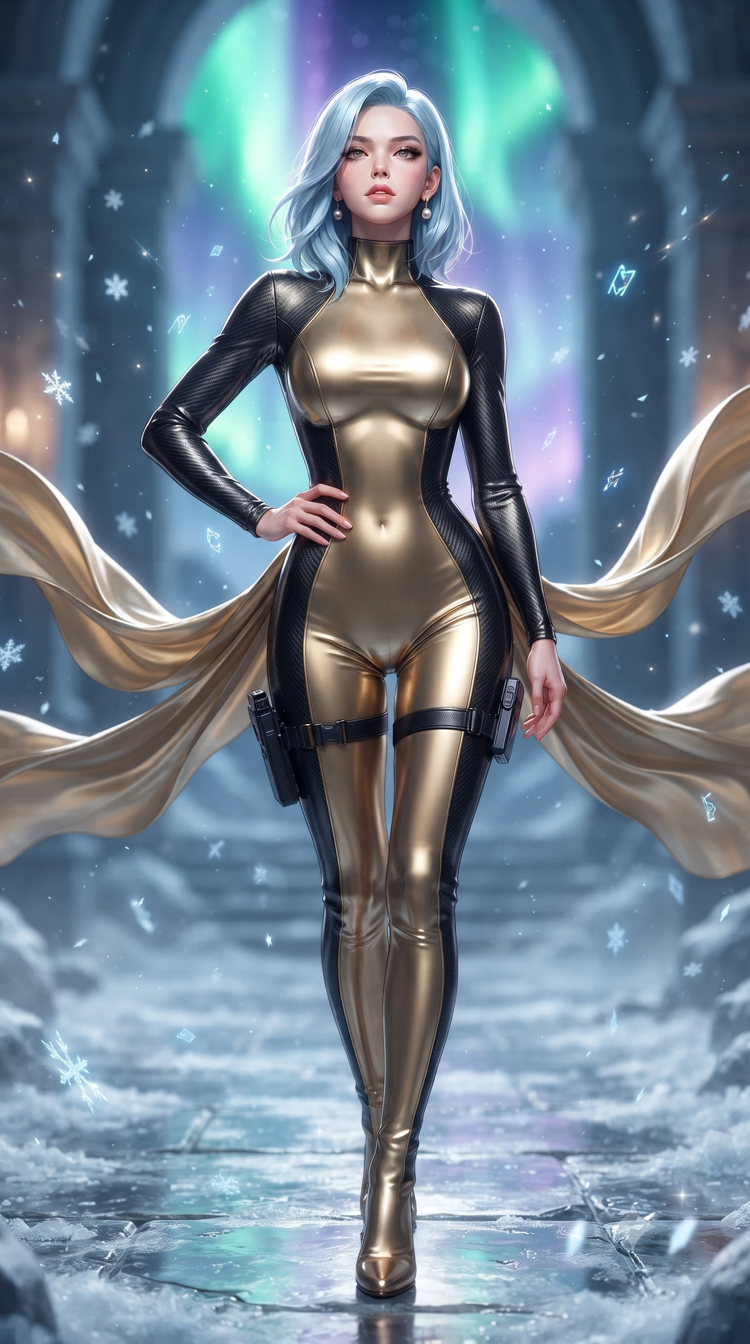 score_9, masterpiece, best quality, ultra-detailed, high-budget anime keyframe, editorial fashion photography, tasteful artistic composition, Korean woman. close-up cowboy shot from the waist and thighs up, the character dominates the composition, filling the frame with her large presence. tilting her chin up with proud, sovereign allure while gazing through thick eyelashes, one hand resting on her waist in pure supermodel charisma while striding across the reflective frozen stone temple floor, hips swaying in an alluring rhythm as gale-force winds whip her silk drapery. The composition keeps background elements in soft focus with creamy bokeh. drifting frost crystal flakes and holographic rune glyphs scattering radiant celestial light motes. She has an exceptionally elegant, slender, and willowy female figure with an ultra-slim waist, a gracefully sculpted slender torso, toned flat midriff, and rounded feminine hips creating an alluring hourglass silhouette. sharp v-shaped jawline, high-bridge nose, intricate jewel-like eyes with depth, thick eyelashes, glossy parted lips with a natural sheen, intensely captivating and seductive bedroom-eyes expression, flawlessly proportioned anatomical accuracy, strict slender model proportions, natural body alignment, perfectly sculpted long slender limbs, ultra-slim waistline, clean dynamic posture without body distortion. wearing an undercover operative tailored backless evening catsuit with concealed gadget pockets in metallic liquid gold and obsidian black, formed from ultra-sleek carbon-fiber reinforced composite with specular sheen, accessorized with a sleek concealed garter holster and pearl ear transmitter, the dramatically scooped open back descending to the base of her spine, accentuating her razor-sharp statuesque lines and curvy hourglass silhouette. bathed in vibrant emerald and violet aurora backlighting from the polar sky. ultra-reflective glossy finish, specular highlights, rich textural contrasts, high-contrast stereoscopic depth, volumetric dynamic lighting, 2k, ultra detail, master piece, 9:16 ratio