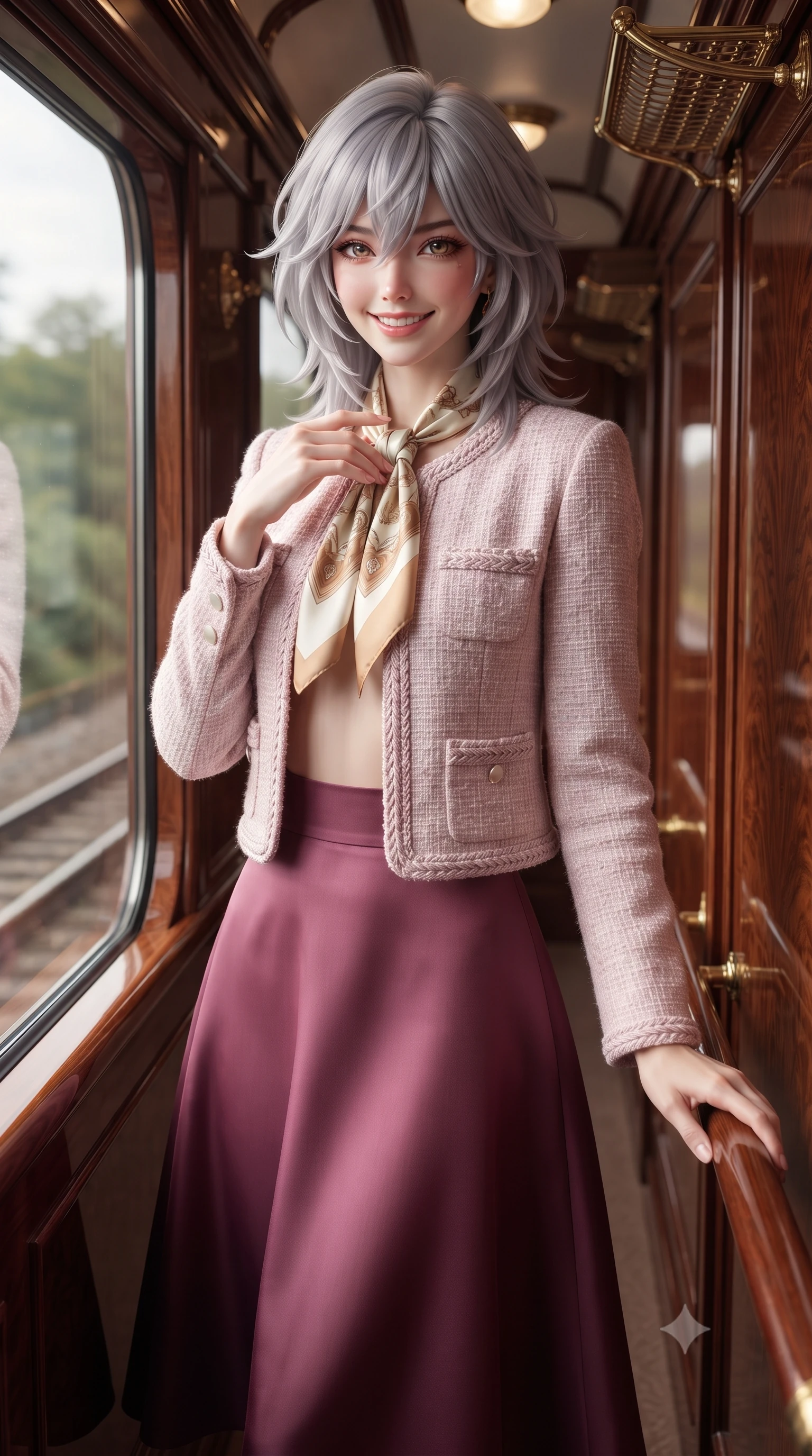 score_9, masterpiece, best quality, ultra-detailed, high-budget anime keyframe, editorial fashion photography, tasteful artistic composition, Japanese woman. close-up cowboy shot from the waist and thighs up, the character dominates the composition, filling the frame with her large presence. touching her silk scarf with delicate fingertips while casting an affectionate, warm glance toward the lens while standing in the panoramic train corridor with one hand resting on the polished mahogany handrail, turning with glamorous travel-editorial poise. The surrounding environment is rendered in vivid detail and crisp panoramic clarity: sharp curved glass window reflections, polished cherrywood veneer grain, and engraved brass luggage rack joints in deep focus. She has an exceptionally elegant, slender, and willowy female figure with an ultra-slim waist, flat toned midriff, narrow ribcage, and sculpted feminine hips creating an alluring, slim hourglass silhouette without bulk. sharp v-shaped jawline, high-bridge nose, intricate jewel-like sparkling eyes with depth, thick eyelashes, glossy parted lips with a natural peach sheen, bright cheerful beaming smile with an enchanting and coquettish sensual glint, exuding both youthful cute charm and seductive allure, flawlessly proportioned anatomical accuracy, strict slender model proportions, natural body alignment, perfectly sculpted long slender limbs, ultra-slim waistline, clean dynamic posture without body distortion. wearing a collarless pastel bouclé tweed jacket with braided trims paired with a coordinating high-waisted A-line midi skirt in soft champagne ivory and warm biscuit beige, crafted from fluid mulberry silk twill with an understated lustrous pearl finish, finished with fine mother-of-pearl cuff buttons catching the soft ambient light, the bespoke architectural tailoring hugging her natural waistline with sartorial precision, creating a clean graceful hourglass silhouette with tall model elegance. illuminated by cherrywood interior reflection fill and sharp silver-gold rim lights defining her razor-sharp jawline and willowy silhouette. ultra-reflective glossy finish, specular highlights, rich textural contrasts, high-contrast stereoscopic depth, volumetric dynamic lighting, 2k, ultra detail, master piece, 9:16 ratio