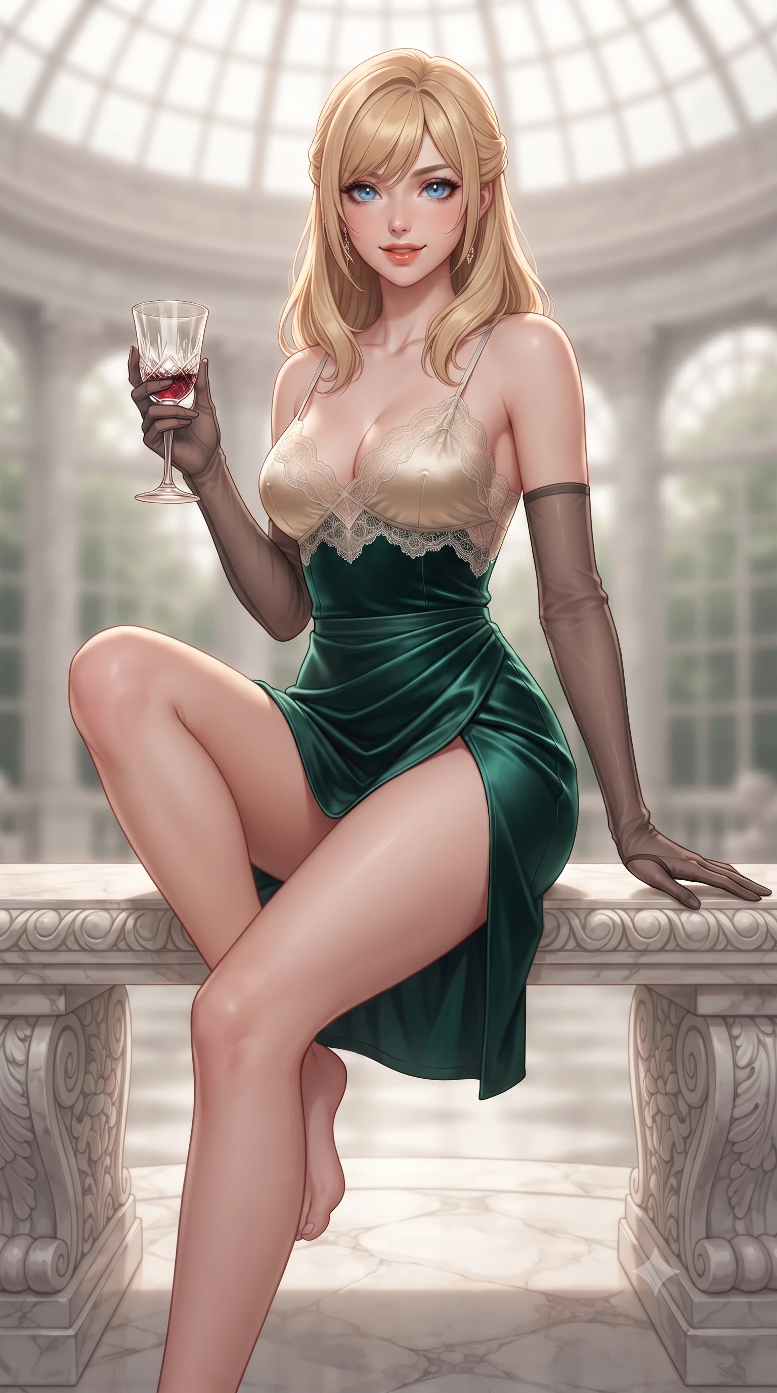 score_9, masterpiece, best quality, ultra-detailed, high-budget anime keyframe, editorial fashion photography, tasteful artistic composition, Caucasian woman. close-up cowboy shot from the waist and thighs up, the character dominates the composition, filling the frame with her large presence. perched sideways on the lounge seat, one knee drawn up to showcase her slender leg line while her arched back accentuates her feminine hip curve while sitting gracefully on the carved marble bench with legs crossed, holding an antique wine glass with effortless aristocratic allure. The background shows a soft-focus glass conservatory dome softened in grand Mediterranean neoclassical shallow focus. She has an exceptionally elegant, slender, and willowy female figure with an ultra-slim waist, flat toned midriff, narrow ribcage, and sculpted feminine hips creating an alluring, slim hourglass silhouette without bulk. sharp v-shaped jawline, high-bridge nose, sparkling eyes with hypnotic seductive depth, thick curled eyelashes, glossy parted lips with a natural dewy peach sheen, alluring bedroom-eyes with an enchanting coquettish smile, exuding magnetic siren charisma and sophisticated glamour, flawlessly proportioned anatomical accuracy, strict slender model proportions, natural body alignment, perfectly sculpted long slender limbs, ultra-slim waistline, clean dynamic posture without body distortion. wearing a delicate lace-trimmed silk camisole paired with a draped satin tulip mini skirt with high side slit in Monaco casino emerald and royal champagne, tailored from ultra-plush velvet with rich tactile depth and deep shadow gradients, complemented by sheer opera-length evening gloves tracing her slender arms, the liquid-tight tailored fabric clinging flawlessly to her narrow waist and rounded feminine hips, emphasizing every millimeter of her sculpted slim hourglass curves without any bulky heaviness. illuminated by polished marble floor specular bounce and sharp platinum rim lights sculpting her razor-sharp jawline, narrow waist, and curvy hips. ultra-reflective glossy finish, specular highlights, rich textural contrasts, high-contrast stereoscopic depth, volumetric dynamic lighting, 2k, ultra detail, master piece, 9:16 ratio