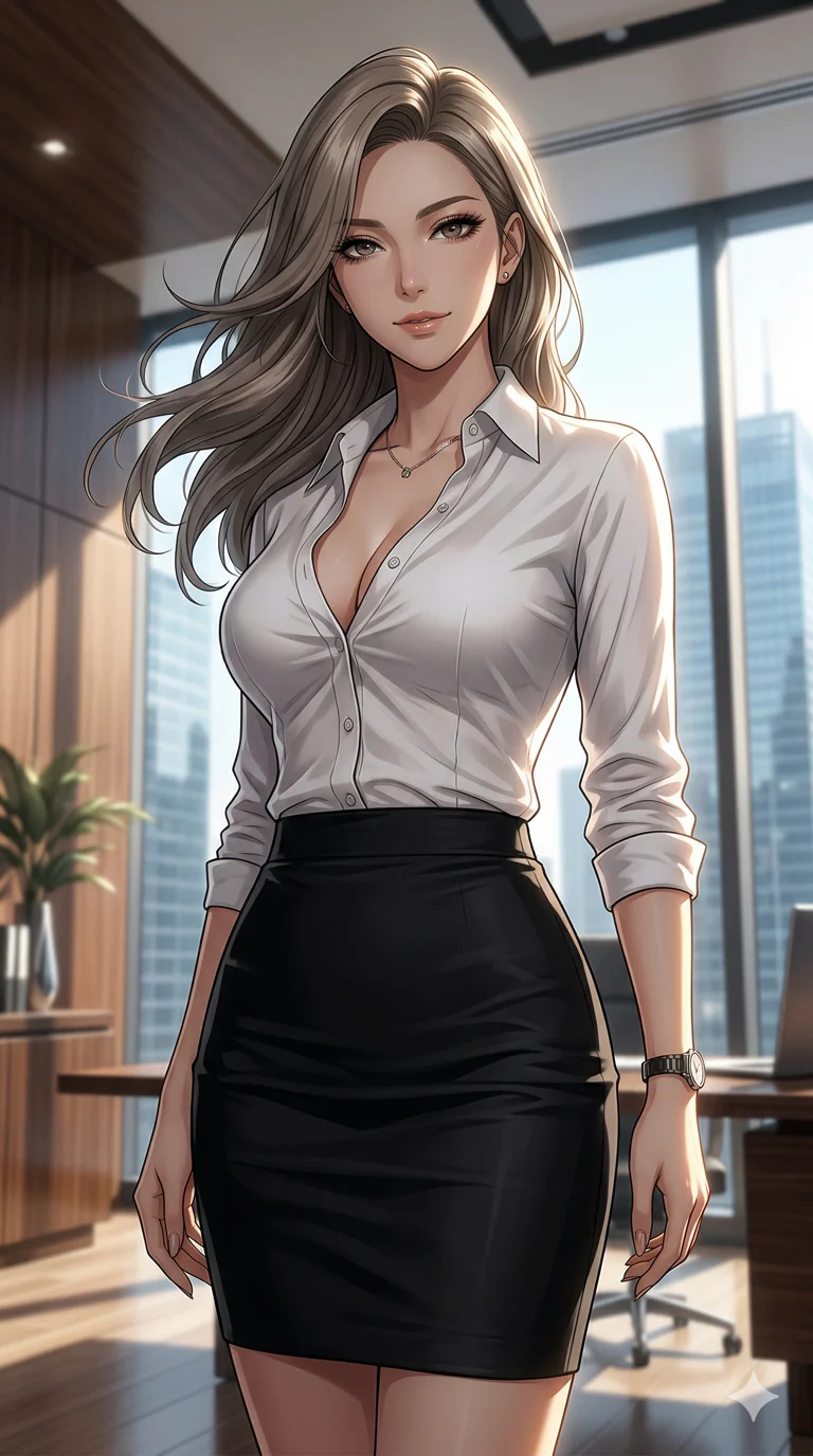 score_9, masterpiece, best quality, ultra-detailed, semi-realistic high-budget anime keyframe, an incredibly beautiful Japanese woman. Dynamic low angle shot filling the frame. She has an absolutely perfect 8-heads proportion, an exceptionally tall female figure with a slim-fit toned body. Her face is a highly detailed masterpiece featuring a v-shaped jawline, high-bridge nose, intricate jewel-like eyes, thick eyelashes, and glossy lips. She has ash brown flowing hair. She is wearing a extremely tight white silk blouse unbuttoned deeply, and a tight black pencil skirt, sensual cleavage, highlighting her alluring silhouette. Modern luxury office, cinematic window light, dramatic rim lighting, cinematic shadows, 2k, ultra detail, master piece, 9:16 ratio