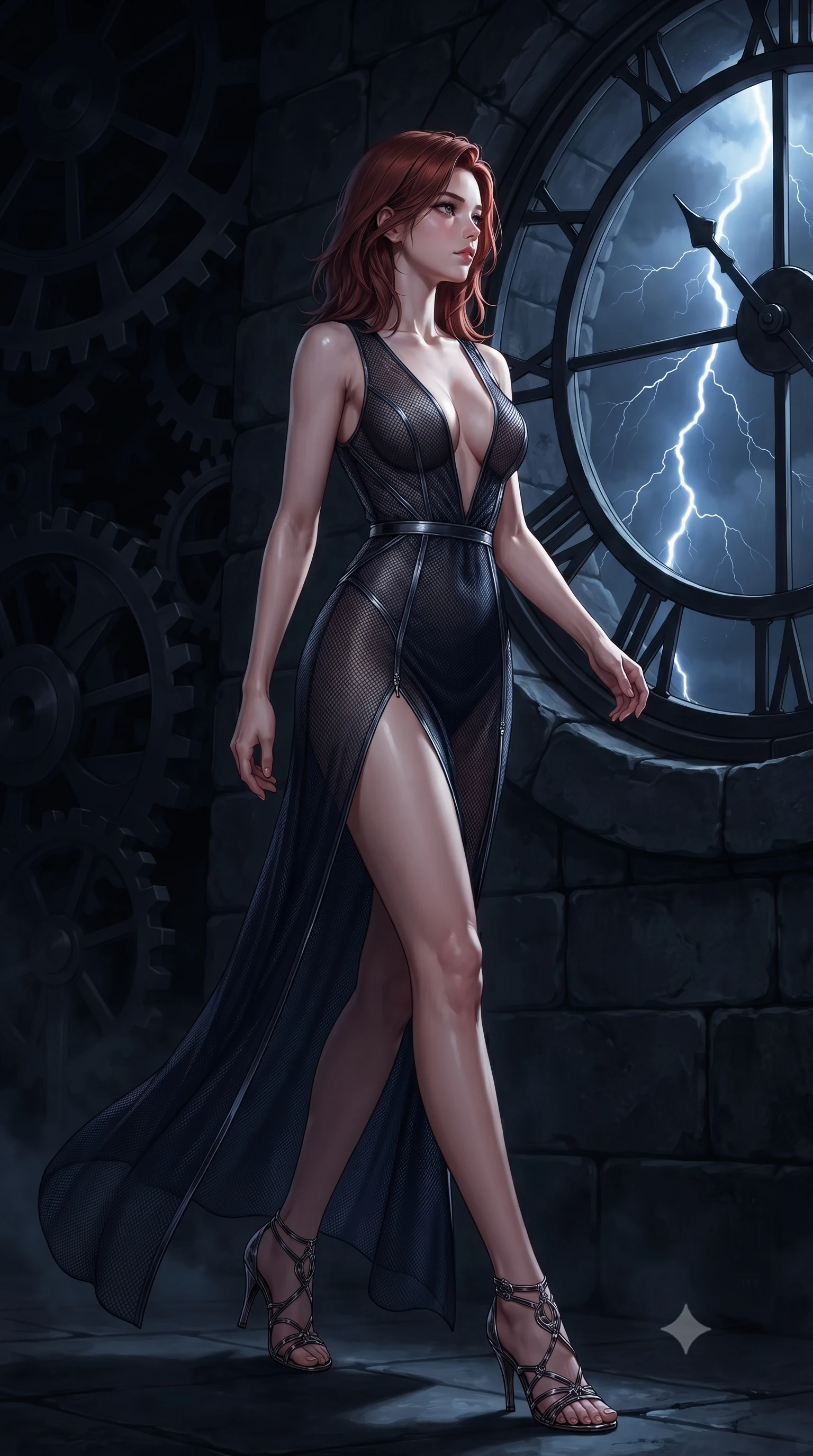 score_9, masterpiece, best quality, ultra-detailed, high-budget anime keyframe, editorial fashion photography, tasteful artistic composition, Korean woman. low angle full-body shot from head to toe showing her feet, filling the entire 9:16 vertical frame with her statuesque presence, stretching her vertical silhouette. stepping gracefully through the dark environment, stretching her statuesque silhouette, gazing out a circular dark clock window as midnight lightning strikes outside, shadowy gear teeth rotating slowly in the dark background. She has an absolutely perfect, statuesque 8.5-heads proportion, an exceptionally tall and slender model-like female figure with impossibly long slender legs and an ultra-slim waist. sharp v-shaped jawline, high-bridge nose, intricate jewel-like eyes with depth, thick eyelashes, glossy lips with a natural sheen. wearing deep plunging V-neckline midnight gown with daring high thigh slit in metallic dark silver, made of fine dark contouring mesh, finished with metallic silver boning and sleek zipper points, sculpting her athletic slender build with refined precision. surrounded by moody gear shadows and sharp mechanical edge lighting. highly saturated vibrant anime colors, detailed shading with soft gradients, rich glossy textures, high-contrast stereoscopic depth, volumetric dynamic lighting, master piece, 9:16 ratio