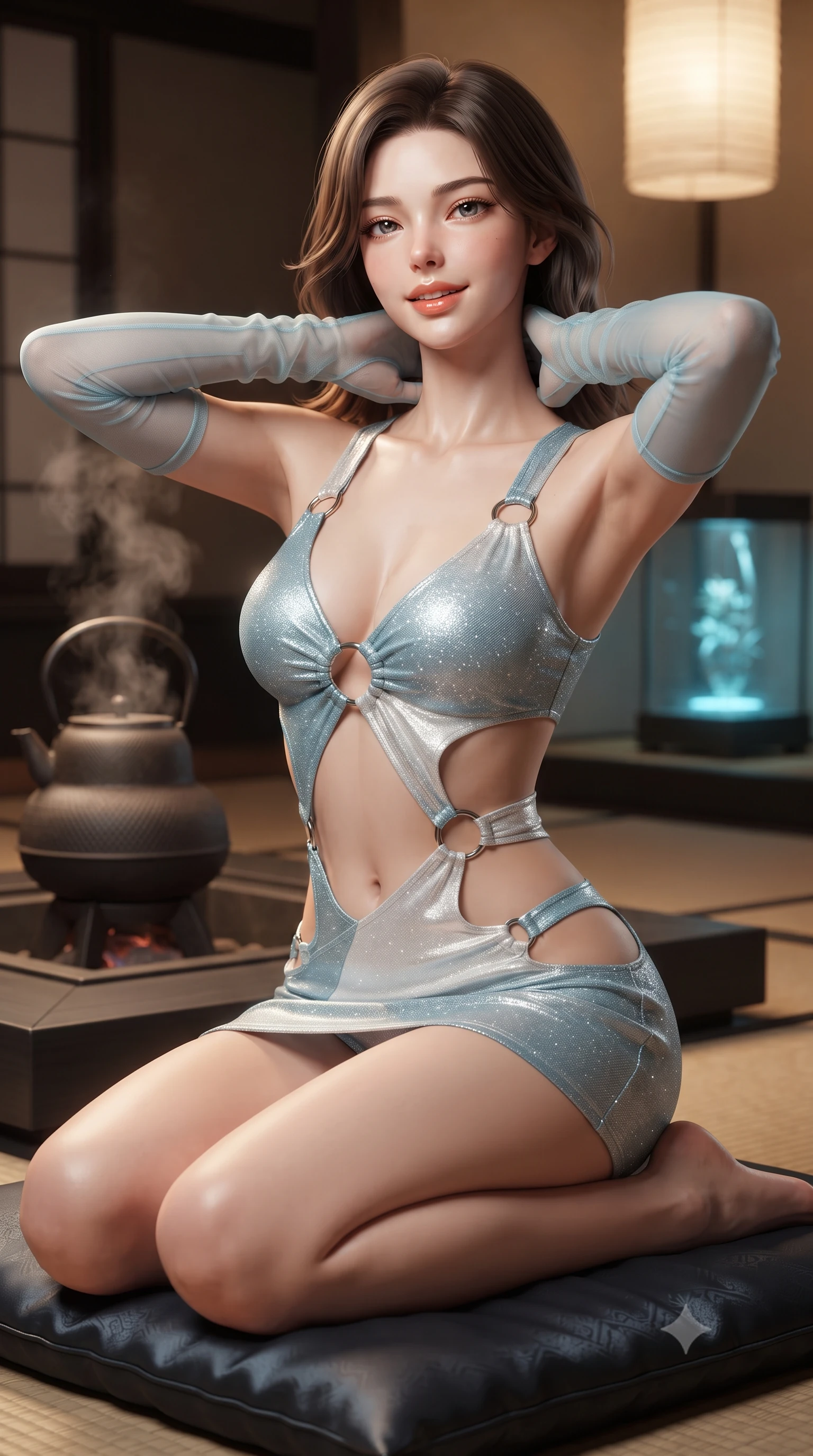 score_9, masterpiece, best quality, ultra-detailed, high-budget anime keyframe, editorial fashion photography, tasteful artistic composition, Korean woman. close-up cowboy shot from the waist and thighs up, the character dominates the composition, filling the frame with her large presence. resting both hands lightly behind her neck with elbows raised, arching her spine to highlight her narrow waist, flat midriff, and breathtaking collarbones while sitting gracefully in seiza on the silk floor cushion with legs folded, flashing an enchanting smile with parted glossy lips as steam rises from the cast-iron kettle. The surrounding environment is rendered in vivid detail and crisp panoramic clarity: detailed high-neck cyber-kimono tailoring, luxurious silk brocade weave, and modern Japanese minimalist luxury in high resolution. She has an exceptionally elegant, slender, and willowy female figure with an ultra-slim waist, flat toned midriff, narrow ribcage, and sculpted feminine hips creating an alluring, slim hourglass silhouette without bulk. sharp v-shaped jawline, high-bridge nose, intricate jewel-like sparkling eyes with depth, thick eyelashes, glossy parted lips with a natural peach sheen, bright cheerful beaming smile with an enchanting and coquettish sensual glint, exuding both youthful cute charm and seductive allure, flawlessly proportioned anatomical accuracy, strict slender model proportions, natural body alignment, perfectly sculpted long slender limbs, ultra-slim waistline, clean dynamic posture without body distortion. wearing a provocative open-waist combat cutout mini dress framed by polished chrome ring hardware and thigh-high slit in arctic cryo-glacier ice blue and platinum white, woven from stretch metallic lurex jersey casting radiant starlight glints across her curves, complemented by sheer opera-length evening gloves tracing her slender arms, the high-slit wrap tailoring accentuating her ultra-slim waistline and the enchanting curve of her feminine hips with alluring seductive charm. bathed in the warm radiant 2400K glow of concealed paper lanterns contrasted with subtle cyan cryo-vessel accent lights. ultra-reflective glossy finish, specular highlights, rich textural contrasts, high-contrast stereoscopic depth, volumetric dynamic lighting, 2k, ultra detail, master piece, 9:16 ratio