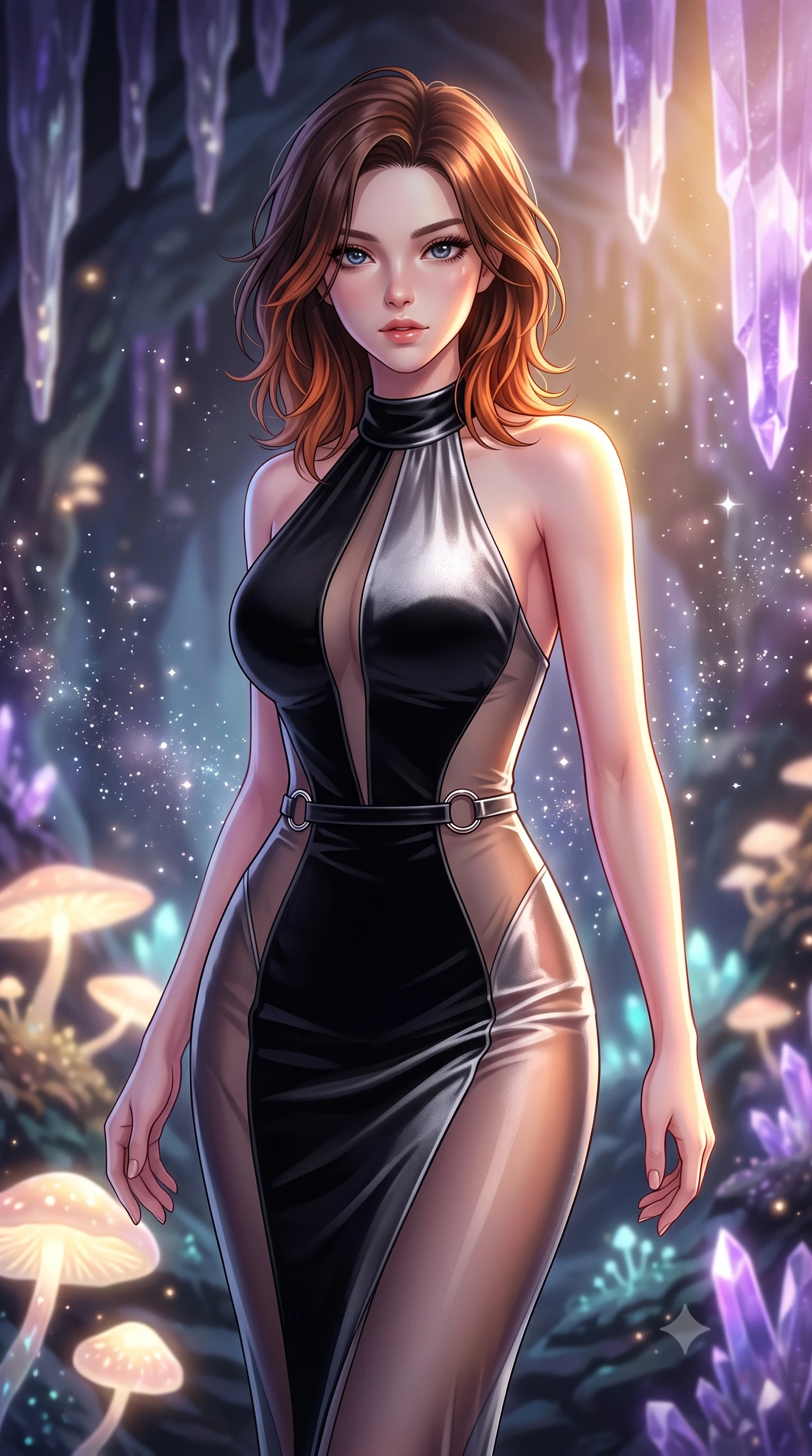 score_9, masterpiece, best quality, ultra-detailed, high-budget anime keyframe, editorial fashion photography, tasteful artistic composition, Korean woman. close-up cowboy shot from the waist and thighs up, the character dominates the composition, filling the frame with her large presence, background elements kept in soft focus. Leaning slightly forward with a composed, seductive gaze under soft glowing light navigating a cavern filled with bioluminescent fungi and crystalline stalactites, glowing mineral dust shimmering like stars in the quiet cavern air. She has an exceptionally elegant, slender, and willowy female figure with an ultra-slim waist, a gracefully sculpted slender torso, and a refined silhouette. sharp v-shaped jawline, high-bridge nose, intricate jewel-like eyes with depth, thick eyelashes, glossy lips with a natural sheen. wearing a velvet halter-neck midi dress following her form like a glove in matte black and polished silver, woven from fine semi-opaque sheer organza, accented with delicate chrome ring hardware framing her waist, the form-contouring material highlighting her ultra-slim waist and long lines. lit by warm golden sunlight colliding with cool violet crystal illumination. highly saturated vibrant anime colors, detailed shading with soft gradients, rich glossy textures, high-contrast stereoscopic depth, volumetric dynamic lighting, master piece, 9:16 ratio