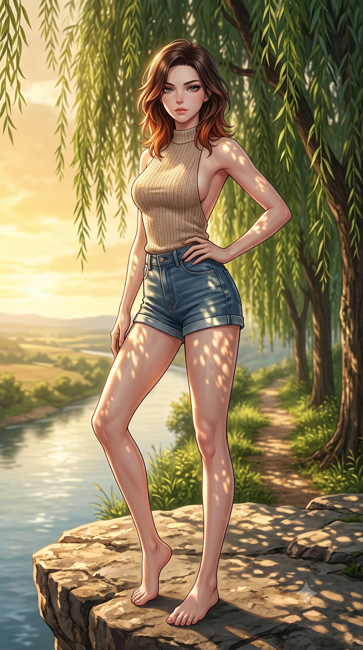 score_9, masterpiece, best quality, ultra-detailed, high-budget anime keyframe, editorial fashion photography, tasteful artistic composition, Korean woman woman. low angle full-body shot from head to toe showing her feet, filling the entire 9:16 vertical frame with her statuesque presence, stretching her vertical silhouette. standing proud on a scenic cliff overlooking the valley, her silhouette framed by the golden sky the background shows a soft-focus a narrow dirt path under green weeping willow trees beside a calm flowing river. She has an absolutely perfect, statuesque 8.5-heads proportion, an exceptionally tall and slender model-like female figure with impossibly long slender legs and an ultra-slim waist. sharp v-shaped jawline, high-bridge nose, intricate jewel-like eyes with depth, thick eyelashes, glossy lips with a natural sheen. wearing a body-hugging backless knit top in beige wool, paired with high-waisted denim shorts. dappled sunlight filtering through the willow leaves onto the path. 2k, ultra detail, master piece, 9:16 ratio