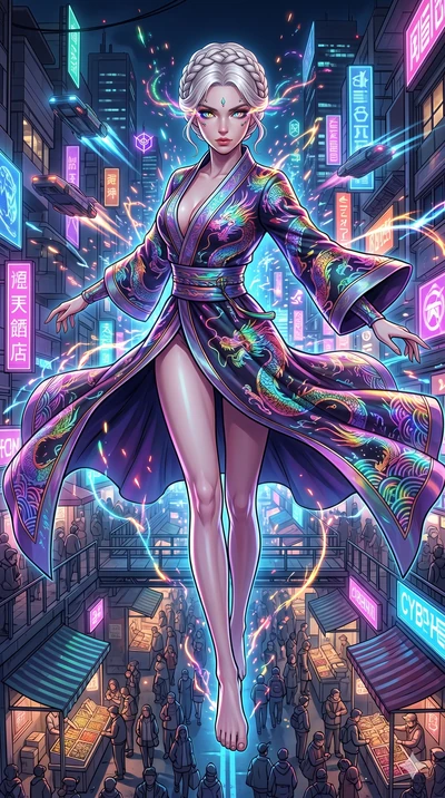 score_9, masterpiece, best quality, ultra-detailed, Set A: High-budget Anime Keyframe, Japanese woman. Low angle cowboy shot filling the entire 9:16 frame with her statuesque presence. Leaping through a neon-lit Neo-Seoul market, while her eyes glow 