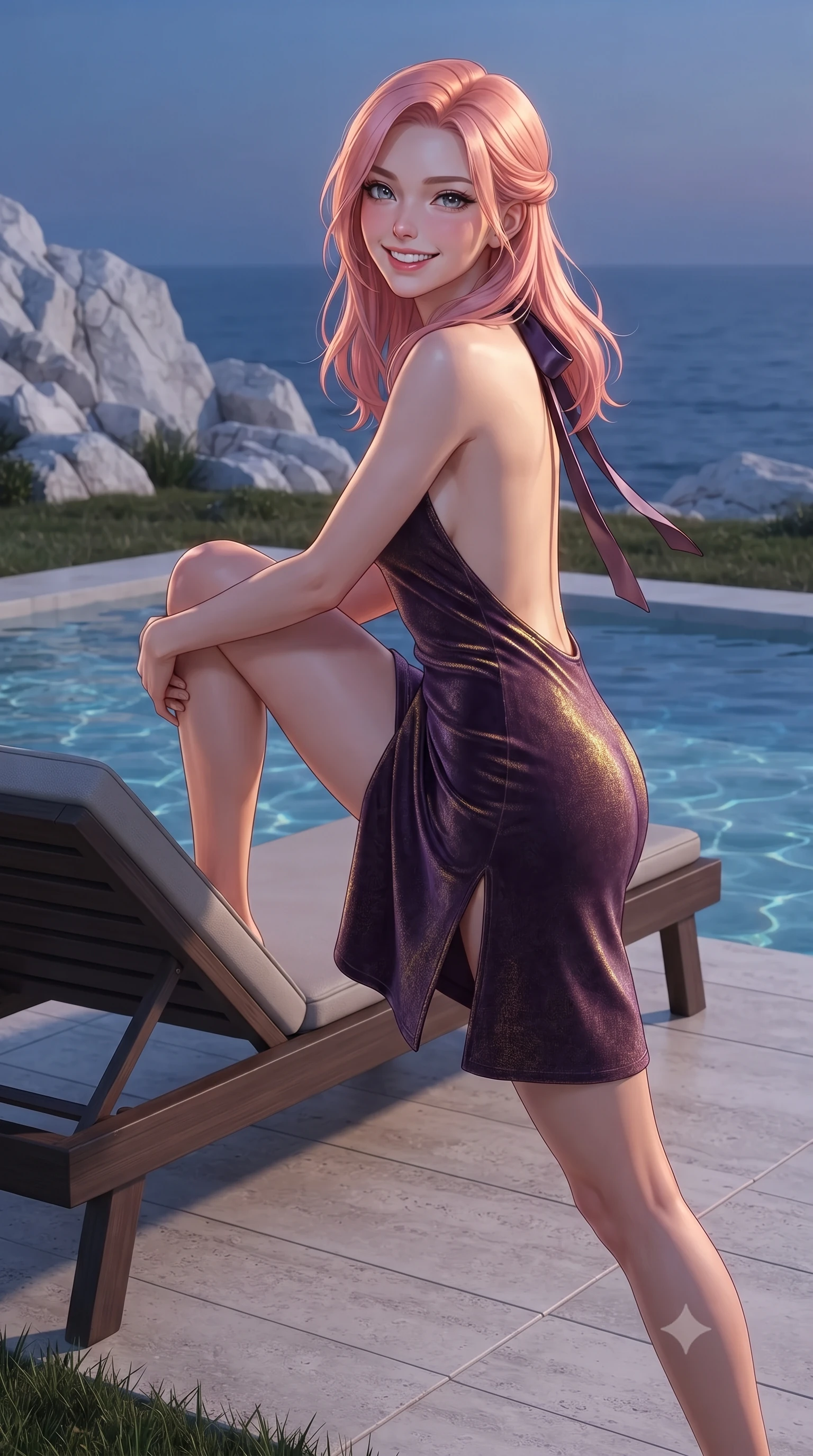 score_9, masterpiece, best quality, ultra-detailed, high-budget anime keyframe, editorial fashion photography, tasteful artistic composition, Japanese woman. close-up cowboy shot from the waist and thighs up, the character dominates the composition, filling the frame with her large presence. perched sideways on the lounge seat, one knee drawn up to showcase her slender leg line while her arched back accentuates her feminine hip curve while walking slowly across the pale travertine deck with tall model strides, evening sea breezes molding her gown to her hourglass curves. The surrounding environment is rendered in vivid detail and crisp panoramic clarity: sharp white chalk flint rock strata, clear pool water surface caustics, and green coastal turf textures in deep focus. She has an exceptionally elegant, slender, and willowy female figure with an ultra-slim waist, flat toned midriff, narrow ribcage, and sculpted feminine hips creating an alluring, slim hourglass silhouette without bulk. sharp v-shaped jawline, high-bridge nose, intricate jewel-like sparkling eyes with depth, thick eyelashes, glossy parted lips with a natural peach sheen, bright cheerful beaming smile with an enchanting and coquettish sensual glint, exuding both youthful cute charm and seductive allure, flawlessly proportioned anatomical accuracy, strict slender model proportions, natural body alignment, perfectly sculpted long slender limbs, ultra-slim waistline, clean dynamic posture without body distortion. wearing a provocative backless halterneck silk lamé mini dress with deep scoop back down to her lower spine and thigh-high slit in Scottish Highlands heather thistle purple and antique hearth ember gold, tailored from ultra-plush silk velvet with rich tactile depth and deep shadow gradients, finished with satin ribbon ties at the shoulders fluttering in the gentle breeze, the impeccably tailored cut draping gracefully along her slender figure with aristocratic poise. illuminated by white chalk reflection bounce and sharp gold-cyan dual rim lights sculpting her features, flat midriff, and slender waist. ultra-reflective glossy finish, specular highlights, rich textural contrasts, high-contrast stereoscopic depth, volumetric dynamic lighting, 2k, ultra detail, master piece, 9:16 ratio