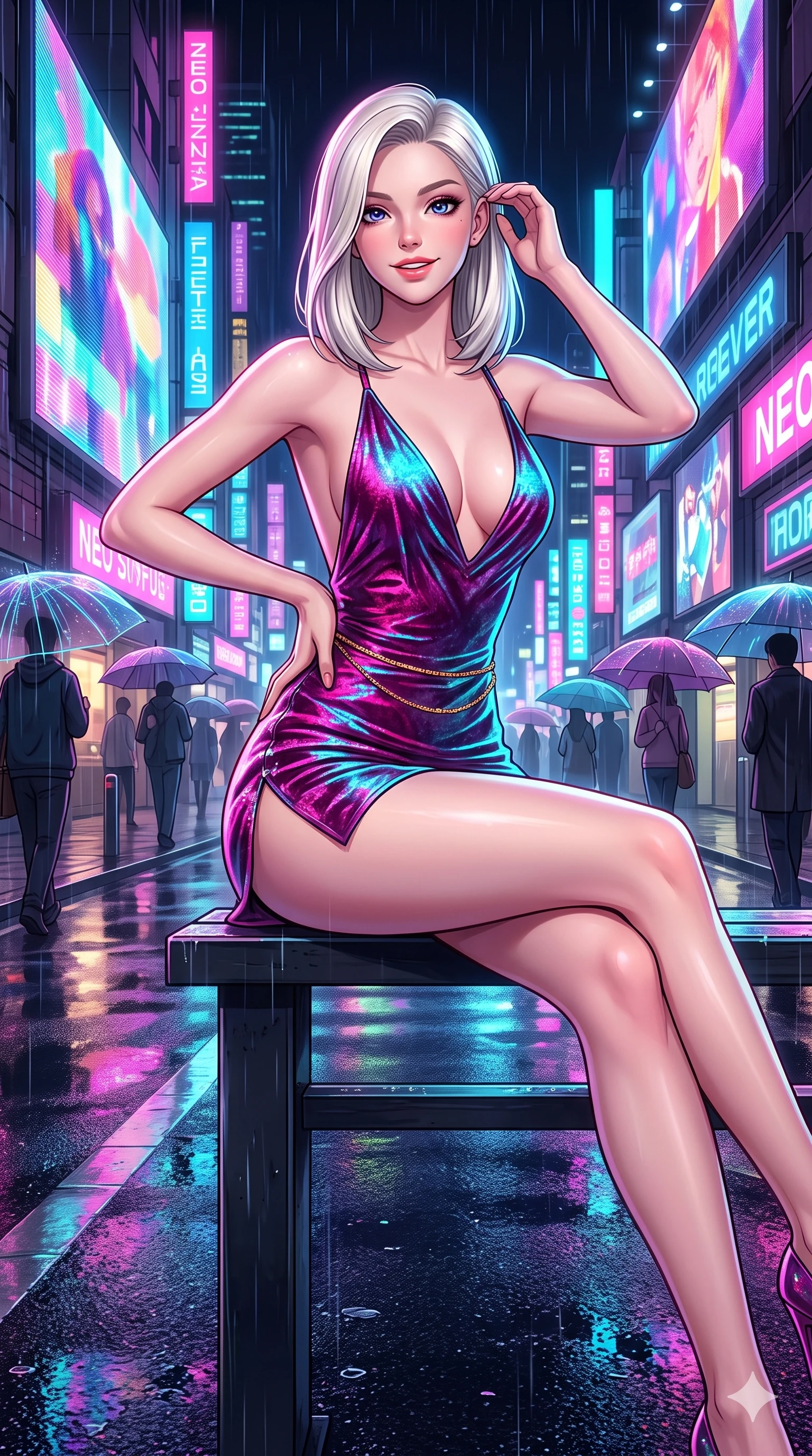 score_9, masterpiece, best quality, ultra-detailed, high-budget anime keyframe, editorial fashion photography, tasteful artistic composition, Caucasian woman. close-up cowboy shot from the waist and thighs up, the character dominates the composition, filling the frame with her large presence. twisting her slender torso in an alluring contrapposto stance, one hand resting on her sculpted hip while her fingers toy with her hair with effortless poise while lounging gracefully across the sheltered street bench with legs extended, displaying her long slender limbs and statuesque hourglass silhouette amid rain-washed neon. The surrounding environment is rendered in vivid detail and crisp panoramic clarity: sharp wet asphalt paver reflections, luminous umbrella fiber-optic ribs, and razor-sharp holographic typography in deep focus. She has an exceptionally elegant, slender, and willowy female figure with an ultra-slim waist, flat toned midriff, narrow ribcage, and sculpted feminine hips creating an alluring, slim hourglass silhouette without bulk. sharp v-shaped jawline, high-bridge nose, intricate jewel-like sparkling eyes with depth, thick eyelashes, glossy parted lips with a natural peach sheen, bright cheerful beaming smile with an enchanting and coquettish sensual glint, exuding both youthful cute charm and seductive allure, flawlessly proportioned anatomical accuracy, strict slender model proportions, natural body alignment, perfectly sculpted long slender limbs, ultra-slim waistline, clean dynamic posture without body distortion. wearing a backless crushed velvet mini dress with a deep plunging neckline and hip-high thigh slit in Neo-Shinjuku neon magenta and electric cyan, crafted from stretch micro-mesh with liquid foil coating that shimmers with every movement, accented with a dainty gold belly chain resting across her flat midriff and curving hips, the glove-like clinging cut tightly following the natural contour of her hips and long slender legs with youthful 8.5-heads elegance. bathed in the dynamic multi-colored glow of towering holographic billboards mixed with street rain reflections. ultra-reflective glossy finish, specular highlights, rich textural contrasts, high-contrast stereoscopic depth, volumetric dynamic lighting, 2k, ultra detail, master piece, 9:16 ratio