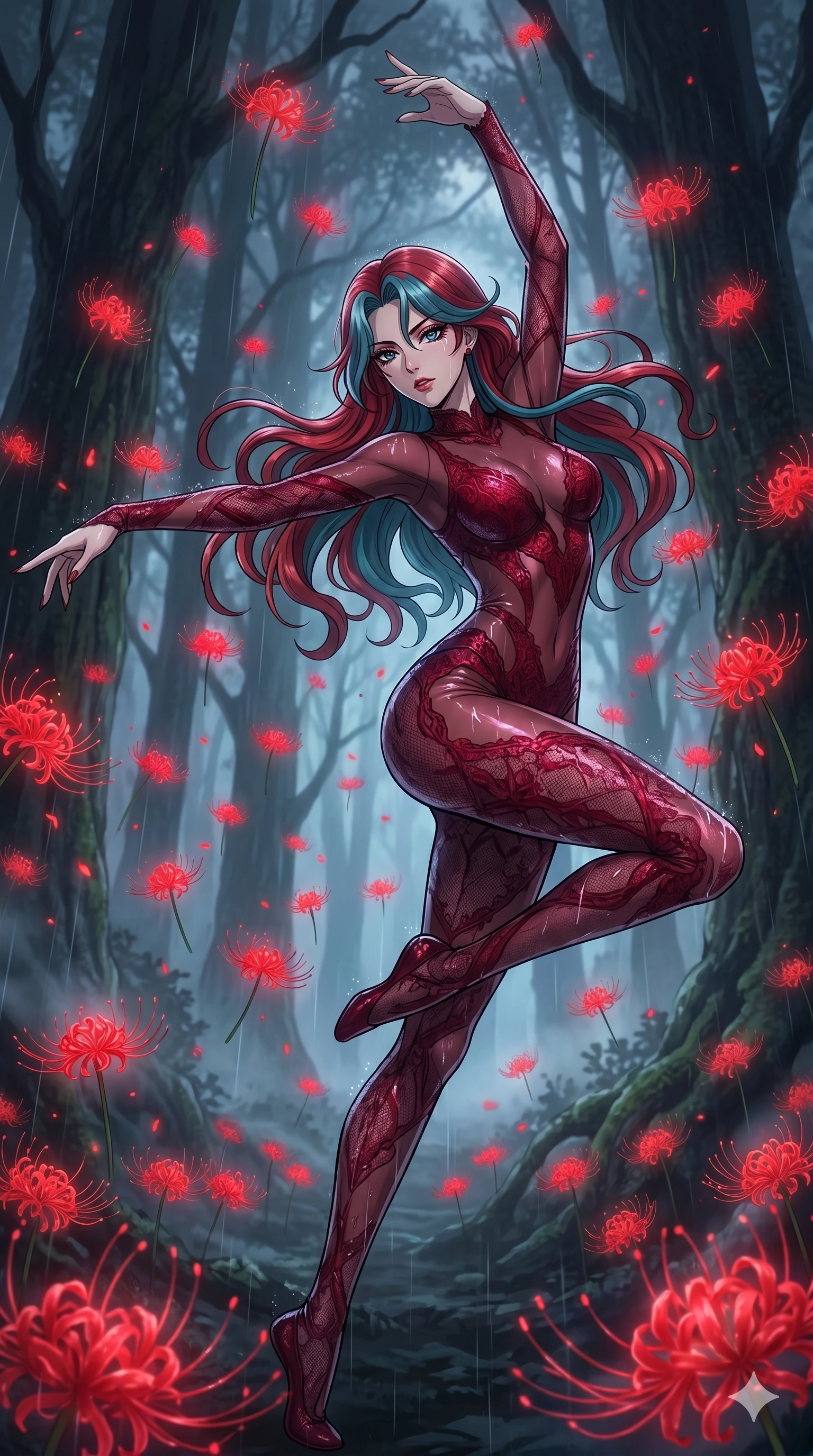 score_9, masterpiece, best quality, ultra-detailed, High-budget Anime Keyframe, East Asian woman. Low angle cowboy shot filling the entire 9:16 frame with her statuesque presence. Scenario 165: Dancing amidst falling red spider lilies in a misty dark forest. Her presence is magnetic and overpowering in this high-budget anime scene. Outfit 165: A micro-mesh lace bare with a sheer panels and wet-look texture. The clothing is designed to emphasize her exceptionally tall and slender 8-heads proportion. 8-heads proportion, towering silhouette, ultra-slim waist. sharp v-shaped jawline, intricate jewel-like eyes with depth, thick eyelashes, glossy lips. 2k, ultra detail, master piece, 9:16 ratio