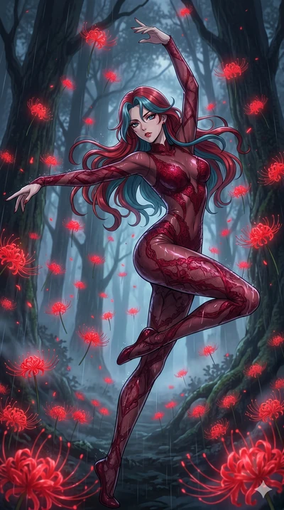 score_9, masterpiece, best quality, ultra-detailed, High-budget Anime Keyframe, East Asian woman. Low angle cowboy shot filling the entire 9:16 frame with her statuesque presence. Scenario 165: Dancing amidst falling red spider lilies in a misty dark