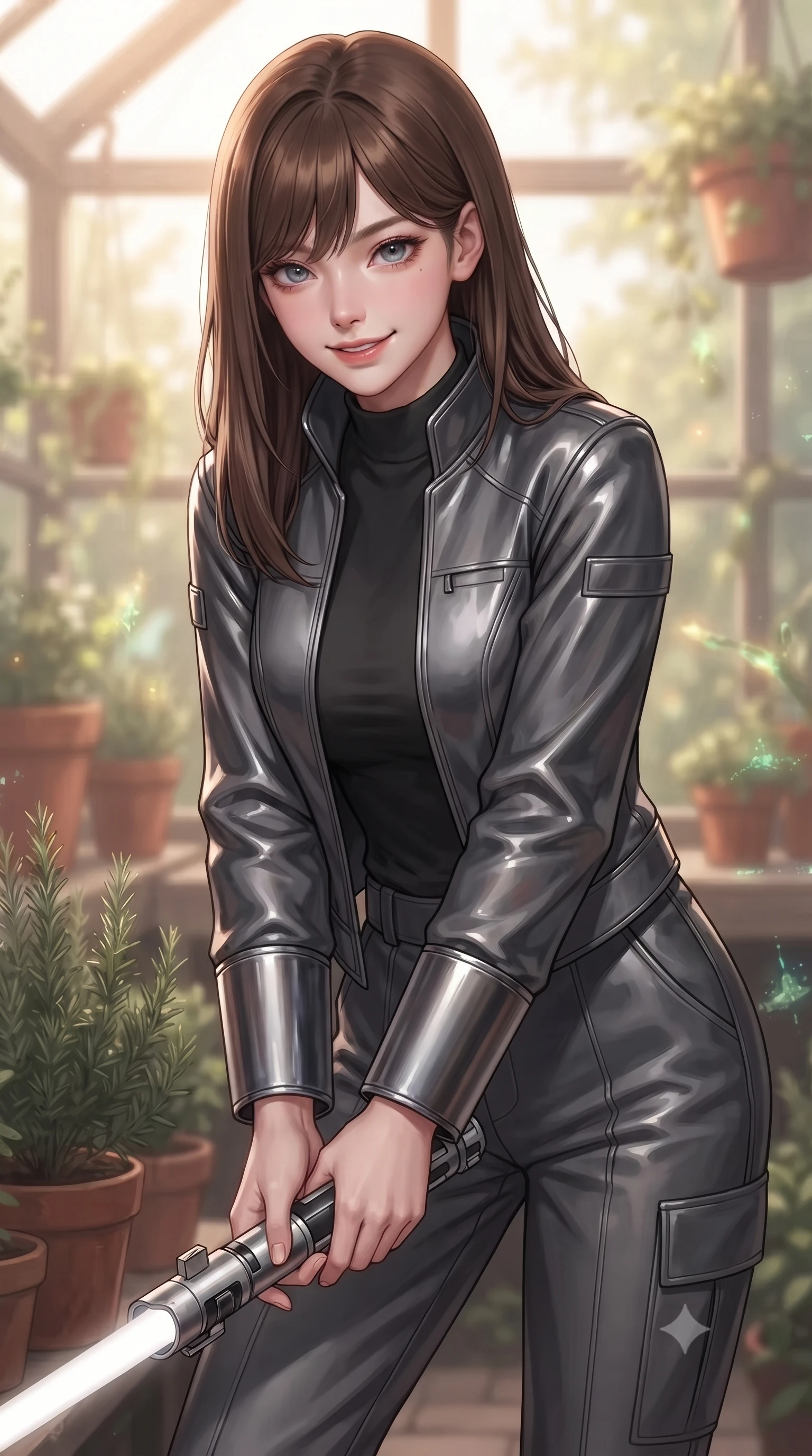 score_9, masterpiece, best quality, ultra-detailed, high-budget anime keyframe, editorial fashion photography, tasteful artistic composition, Korean woman. close-up cowboy shot from the waist and thighs up, the character dominates the composition, filling the frame with her large presence, background elements kept in soft focus. leaning slightly forward with a playful, teasing smile while holding a deactivated plasma saber hilt, the background shows a soft-focus a cozy garden greenhouse, surrounded by terracotta pots, rosemary, and cyber-lichens. She has an exceptionally elegant, slender, and willowy female figure with an ultra-slim waist, a gracefully sculpted slender torso, and a refined silhouette. sharp v-shaped jawline, high-bridge nose, intricate jewel-like eyes with depth, thick eyelashes, glossy lips with a natural sheen. wearing a slim-fit heavy carbon-plated defender jacket with reinforced cuffs, worn over a black mock-neck shirt and utility trousers. warm, diffused daylight creating a quiet and productive mood. ultra-reflective glossy finish, specular highlights, metallic sheen, high-contrast stereoscopic depth, volumetric dynamic lighting, 2k, ultra detail, master piece, 9:16 ratio