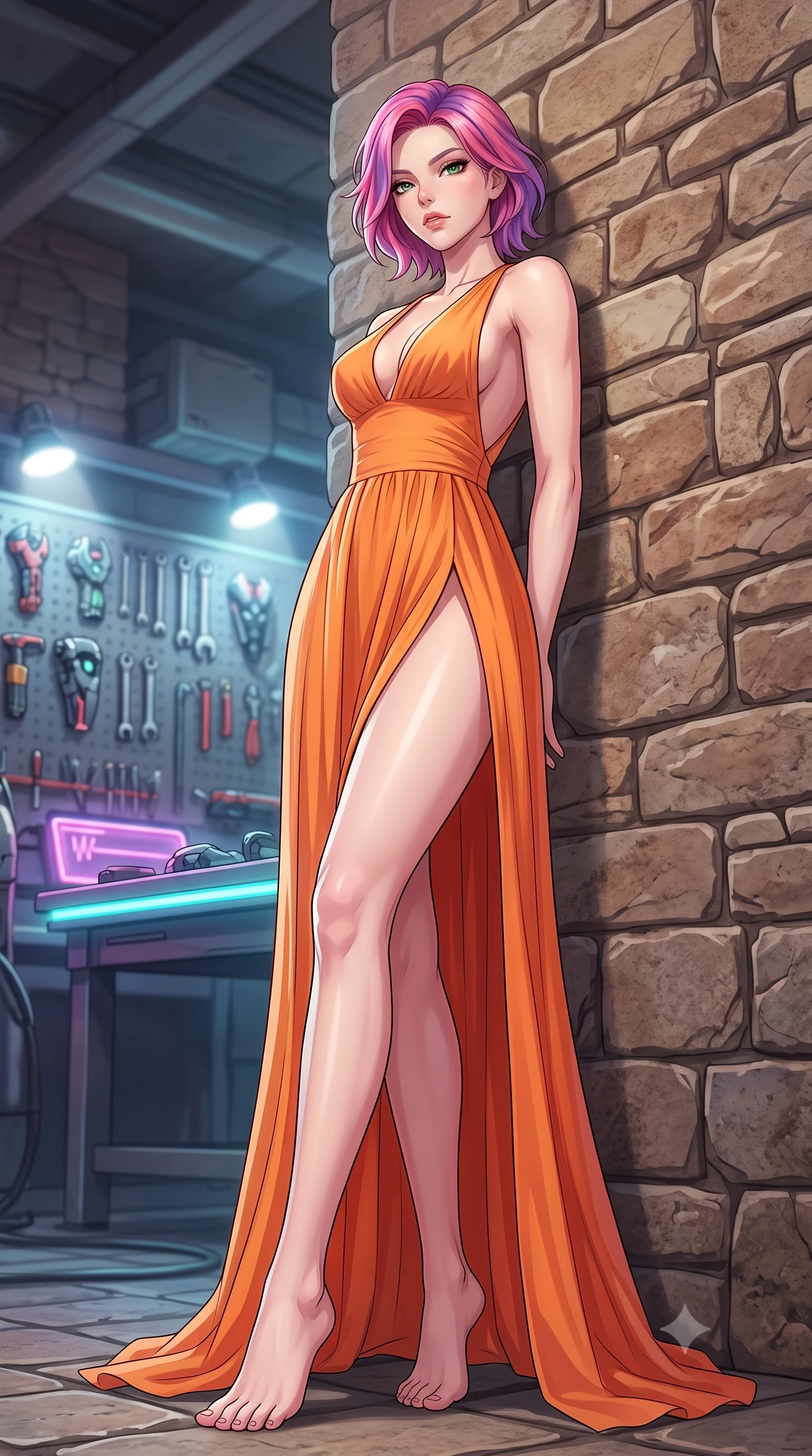 score_9, masterpiece, best quality, ultra-detailed, high-budget anime keyframe, tasteful artistic composition, Caucasian woman. low angle full-body shot from head to toe showing her feet, filling the entire 9:16 vertical frame with her statuesque presence, stretching her vertical silhouette. leaning back against a rustic stone wall, casting a slow, alluring gaze at the camera the background shows a soft-focus a futuristic workshop with tool racks, cyber-wear parts, and a neon workbench. She has an absolutely perfect, statuesque 8.5-heads proportion, an exceptionally tall and slender model-like female figure with impossibly long slender legs and an ultra-slim waist. sharp v-shaped jawline, high-bridge nose, intricate jewel-like eyes with depth, thick eyelashes, glossy lips with a natural sheen. wearing a tailored high-slit resort gown in sunset orange chiffon, featuring a daring thigh-slit and open back. bright workbench spotlights casting clear, detailed front lighting and soft back shadow. highly saturated vibrant anime colors, cel-shading, 2d style, master piece, 9:16 ratio