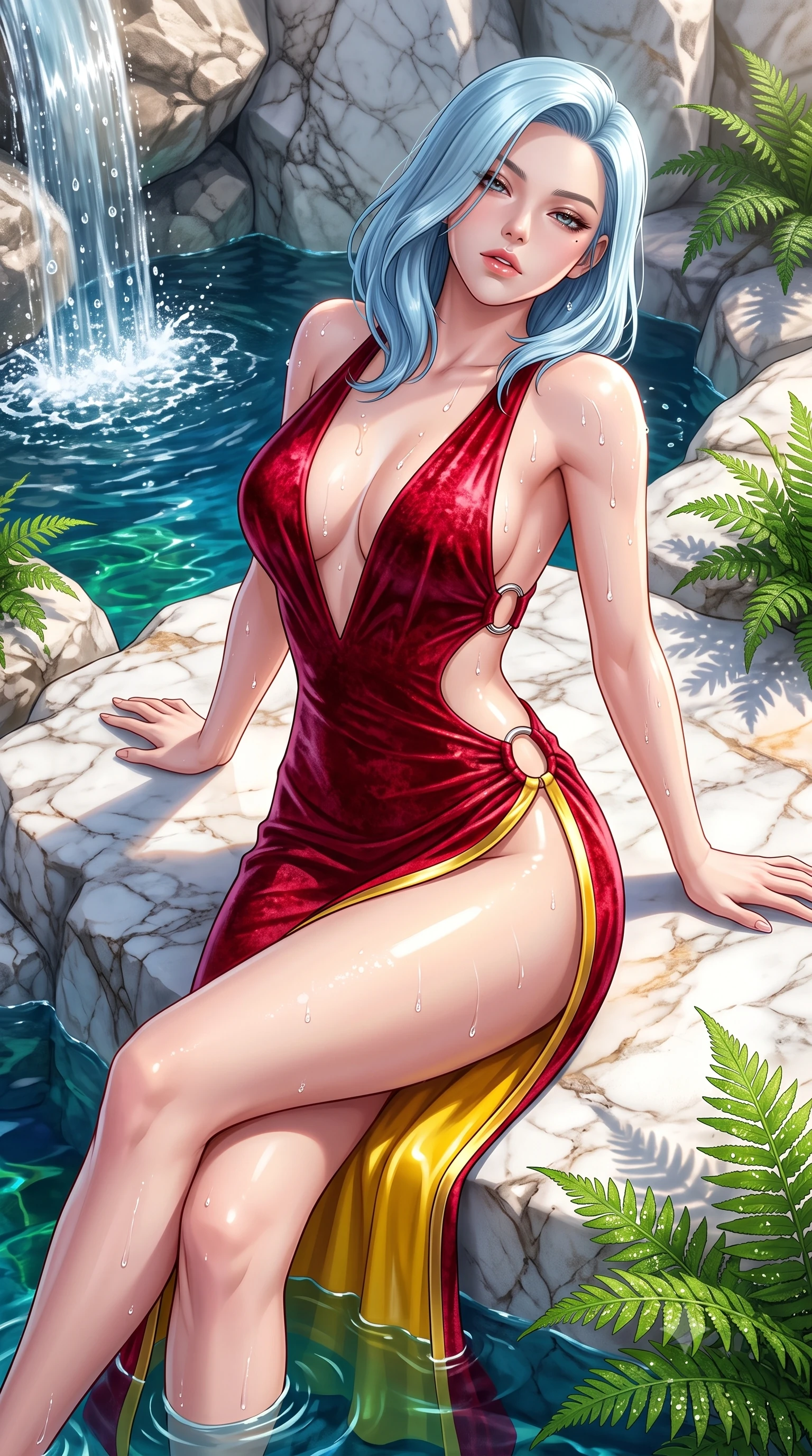 score_9, masterpiece, best quality, ultra-detailed, high-budget anime keyframe, semi-realistic 3D game render, editorial fashion photography, tasteful artistic composition, Korean woman. close-up cowboy shot from the waist and thighs up, the character dominates the composition, filling the frame with her large presence. casting a slow, smoldering gaze beneath heavy lashes with parted glossy lips, her head slightly tilted in captivating self-assurance while reclining along a sunlit marble rock pool as clear cascading water droplets glisten across her bare shoulders. The surrounding environment is rendered in vivid detail and crisp panoramic clarity. intricate white marble stone veins, crystal-clear emerald water pools, and lush tropical ferns in deep focus. She has an exceptionally elegant, slender, and willowy female figure with an ultra-slim waist, a gracefully sculpted slender torso, toned flat midriff, and a refined slim silhouette. sharp v-shaped jawline, high-bridge nose, intricate jewel-like eyes with depth, thick eyelashes, glossy lips with a natural sheen, flawlessly proportioned anatomical accuracy, strict slender model proportions, natural body alignment, perfectly sculpted long slender limbs, ultra-slim waistline, clean dynamic posture without body distortion. wearing a backless crimson crushed velvet gown with a deep plunging V-neckline, strategic hip cutouts, and an ultra-high thigh slit in vibrant sunburst canary yellow and gold trim, crafted from ultra-reflective second-skin latex with a high-gloss glass-like polish, detailed with polished silver rings connecting the daring side-waist cutouts, the form-contouring material adhering flawlessly to her sculpted flat midriff and slender torso, emphasizing her long leg lines and perfectly proportioned willowy build. illuminated by sparkling water droplet refractions and crisp white key lighting. highly saturated vibrant anime colors, detailed shading with soft gradients, rich glossy textures, high-contrast stereoscopic depth, volumetric dynamic lighting, master piece, 9:16 ratio