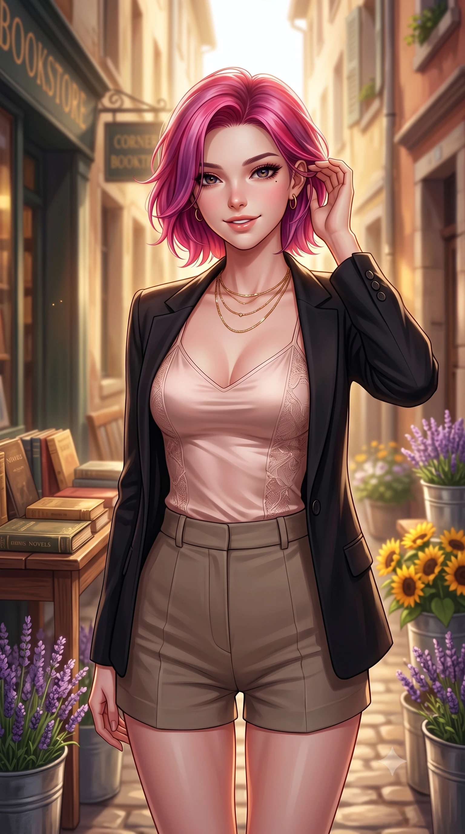 score_9, masterpiece, best quality, ultra-detailed, high-budget anime keyframe, editorial fashion photography, tasteful artistic composition, Caucasian woman. close-up cowboy shot from the waist and thighs up, the character dominates the composition, filling the frame with her large presence, background elements kept in soft focus. smiling cutely while gently brushing a strand of hair behind her ear set against a soft-focus background of outside a small corner bookstore with wooden tables displaying old novels with buckets of fresh lavender and yellow sunflowers lining the alley. She has an exceptionally elegant, slender, and willowy female figure with an ultra-slim waist, a gracefully sculpted slender torso, and a refined silhouette. sharp v-shaped jawline, high-bridge nose, intricate jewel-like eyes with depth, thick eyelashes, glossy lips with a natural sheen. wearing body-hugging delicate silk camisole with lace panels and a tailored blazer worn open over form-contouring shorts. warm afternoon sunlight filtering down between the narrow alley buildings. highly saturated vibrant anime colors, detailed shading with soft gradients, rich glossy textures, high-contrast stereoscopic depth, volumetric dynamic lighting, master piece, 9:16 ratio