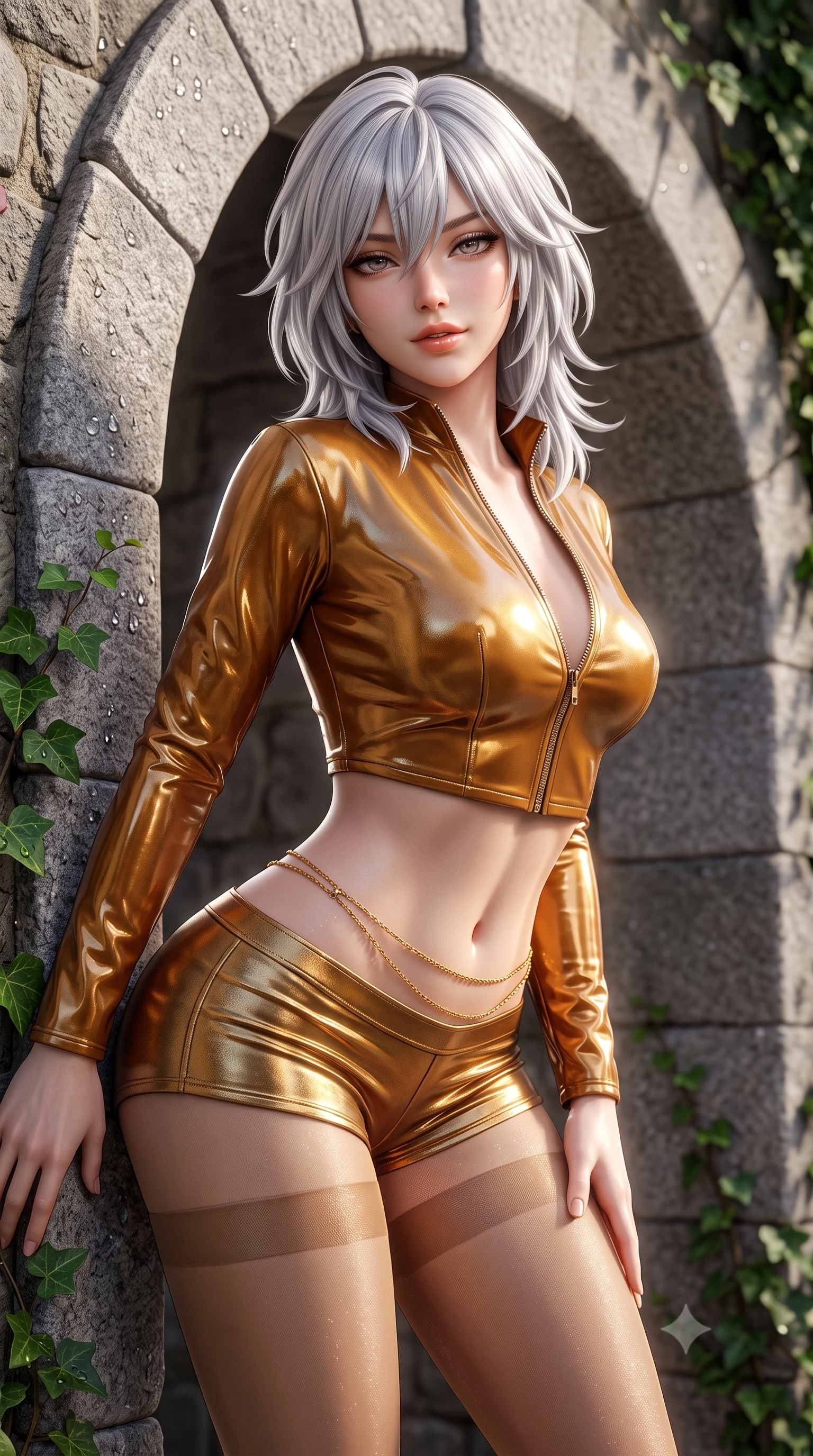 score_9, masterpiece, best quality, ultra-detailed, high-budget anime keyframe, semi-realistic 3D game render, editorial fashion photography, tasteful artistic composition, Japanese woman. close-up cowboy shot from the waist and thighs up, the character dominates the composition, filling the frame with her large presence. leaning forward while arching her lower back to accentuate her curvy hips, looking into the camera with an intoxicating smoldering gaze and bedroom-eyes while leaning against the curved stone archway with hips cocked back, looking through the circular frame with an alluring, parted-lip smile. The surrounding environment is rendered in vivid detail and crisp panoramic clarity: sharp cut-granite stone arch textures, wild peony petal dew droplets, and ivy leaf veins in deep focus. She has an exceptionally elegant, slender, and willowy female figure with an ultra-slim waist, flat toned midriff, narrow ribcage, and sculpted feminine hips creating an alluring, slim hourglass silhouette without bulk. sharp v-shaped jawline, high-bridge nose, sparkling eyes with hypnotic seductive depth, thick curled eyelashes, glossy parted lips with a natural dewy peach sheen, alluring bedroom-eyes with an enchanting coquettish smile, exuding magnetic siren charisma and sophisticated glamour, flawlessly proportioned anatomical accuracy, strict slender model proportions, natural body alignment, perfectly sculpted long slender limbs, ultra-slim waistline, clean dynamic posture without body distortion. wearing a form-fitting zip-front wet-look vinyl bolero jacket paired with low-rise metallic hot-pants and sheer stockings in warm amber honey and antique gold leaf, woven from stretch metallic lurex jersey casting radiant starlight glints across her silhouette, finished with a dainty gold belly chain resting across her flat midriff and curving hips, the high-slit wrap tailoring accentuating her ultra-slim waistline and the enchanting curve of her feminine hips with alluring seductive charm. illuminated by stone bounce fill and sharp platinum rim lights defining her collarbones, narrow waist, and curvy hips. highly saturated vibrant anime colors, detailed shading with soft gradients, rich glossy textures, high-contrast stereoscopic depth, volumetric dynamic lighting, master piece, 9:16 ratio