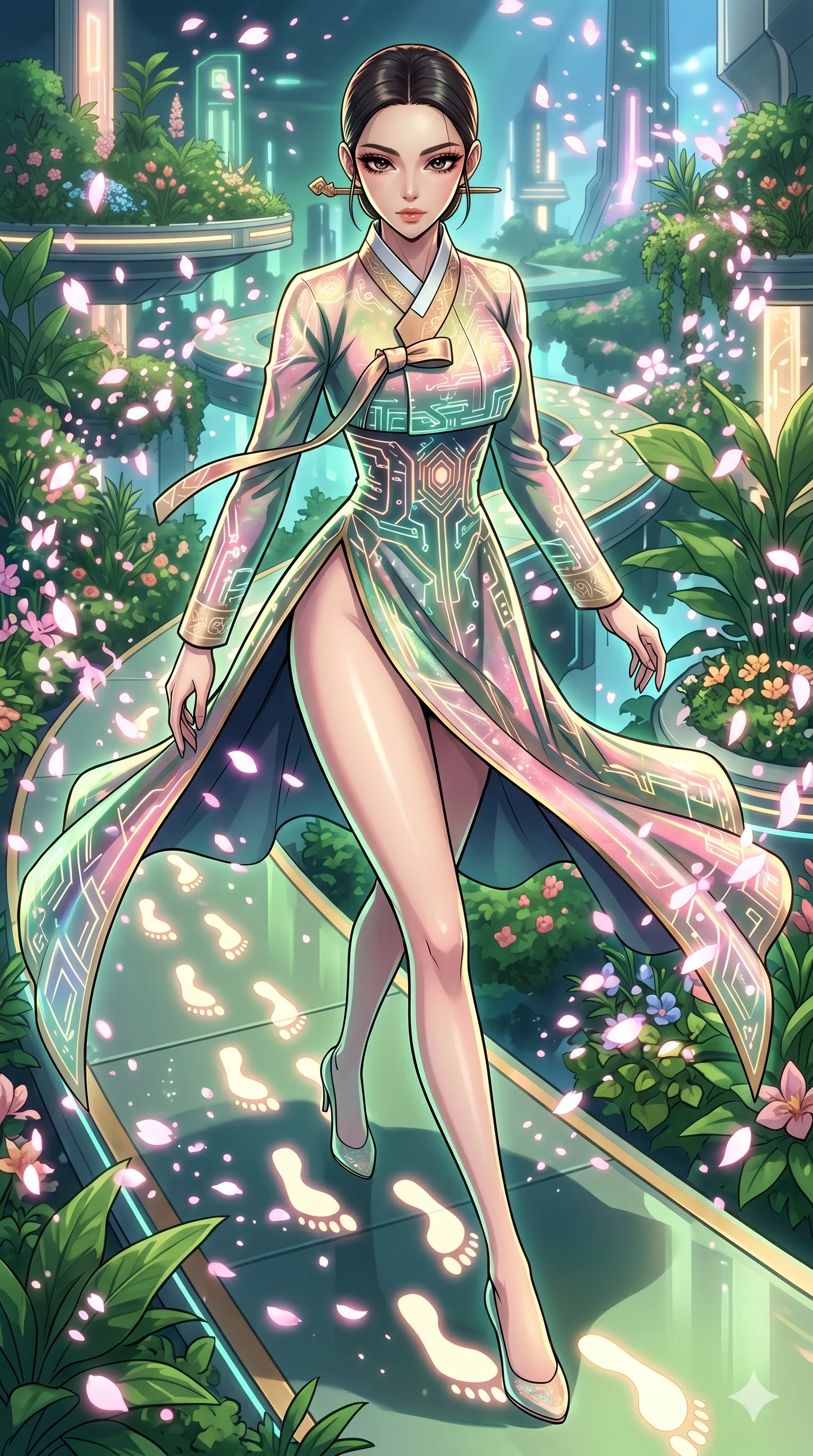 score_9, masterpiece, best quality, ultra-detailed, Set A: High-budget Anime Keyframe, Korean woman. Upper body close-up from the thighs up, character filling the screen for maximum presence. Sliding through a floating botanical garden, as she leaves a trail of 18 glowing footprints and surrounded by digital sakura petals. She has an absolutely perfect 8-heads proportion, an exceptionally tall and slender female figure with impossibly long slender legs and an ultra-slim waist. Sharp v-shaped jawline, high-bridge nose, intricate jewel-like eyes with depth, thick eyelashes, glossy lips with a natural sheen. Wearing Ornate traditional silk gown with futuristic glowing patterns and a massive high slit. Cinematic lighting, vibrant colors, dramatic shadows, 2k, ultra detail, master piece, 9:16 ratio