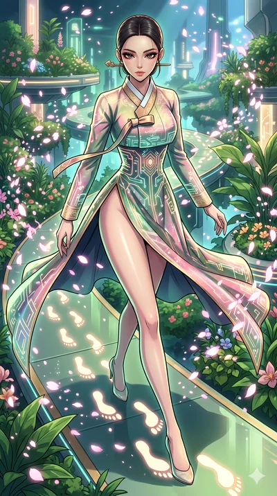 score_9, masterpiece, best quality, ultra-detailed, Set A: High-budget Anime Keyframe, Korean woman. Upper body close-up from the thighs up, character filling the screen for maximum presence. Sliding through a floating botanical garden, as she leaves