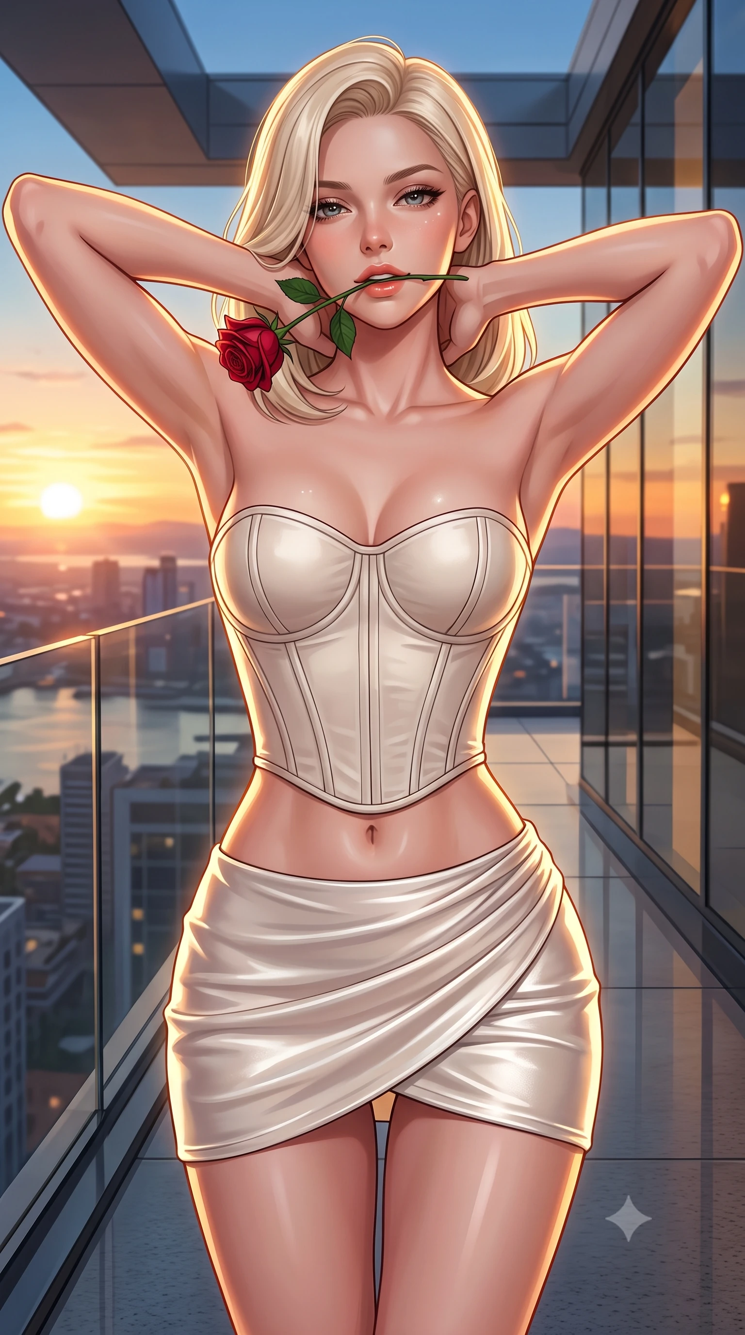 score_9, masterpiece, best quality, ultra-detailed, high-budget anime keyframe, semi-realistic 3D game render, editorial fashion photography, tasteful artistic composition, Caucasian woman. close-up cowboy shot from the waist and thighs up, the character dominates the composition, filling the frame with her large presence. resting both hands lightly behind her neck with elbows raised, arching her spine to highlight her narrow waist, flat midriff, and breathtaking collarbones while twisting her slender torso in an alluring S-curve, evening breezes molding her form-fitting dress to her long slender legs and curvy hips. The surrounding environment is rendered in vivid detail and crisp panoramic clarity: detailed backless halterneck column dress cling, sunset skin highlights, and high-end museum terrace engineering in high resolution. She has an exceptionally elegant, slender, and willowy female figure with an ultra-slim waist, flat toned midriff, narrow ribcage, and sculpted feminine hips creating an alluring, slim hourglass silhouette without bulk. sharp v-shaped jawline, high-bridge nose, sparkling eyes with hypnotic seductive depth, thick curled eyelashes, glossy parted lips with a natural dewy peach sheen, alluring bedroom-eyes with an enchanting coquettish smile, exuding magnetic siren charisma and sophisticated glamour, flawlessly proportioned anatomical accuracy, strict slender model proportions, natural body alignment, perfectly sculpted long slender limbs, ultra-slim waistline, clean dynamic posture without body distortion. wearing a structured Victorian boned leatherette corset bodice paired with an ultra-short micro-wrap velvet mini skirt in pure pearl alabaster with liquid platinum sheen, woven from buttery-soft stretch lambskin leather adhering to her body like a second skin, accented with a single fresh-cut long-stemmed crimson rose held delicately near her parted lips, the liquid-tight tailored fabric clinging flawlessly to her narrow waist and rounded feminine hips, emphasizing every millimeter of her sculpted slim hourglass curves without any bulky heaviness. illuminated by glass balustrade reflections and sharp warm-gold rim lights defining her razor-sharp jawline, narrow waist, and curvy hips. highly saturated vibrant anime colors, detailed shading with soft gradients, rich glossy textures, high-contrast stereoscopic depth, volumetric dynamic lighting, master piece, 9:16 ratio