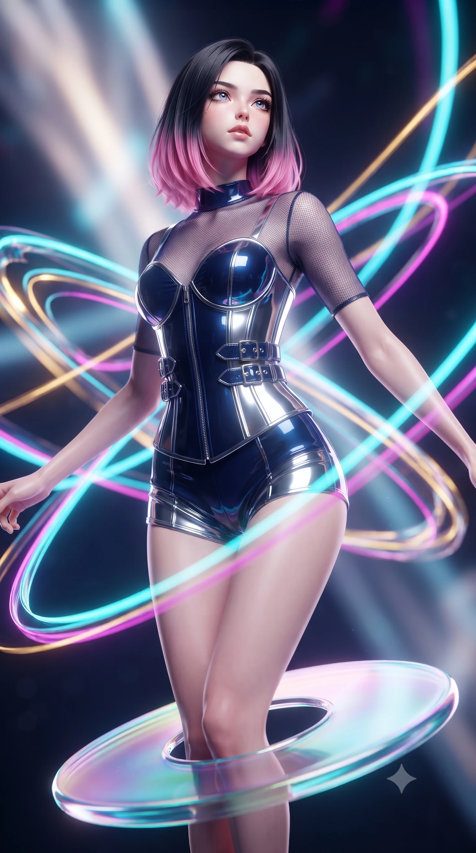 score_9, masterpiece, best quality, ultra-detailed, high-budget anime keyframe, editorial fashion photography, tasteful artistic composition, Korean woman. close-up cowboy shot from the waist and thighs up, the character dominates the composition, filling the frame with her large presence, background elements kept in soft focus. Tilting her chin up with an air of effortless superiority while balancing dynamically amidst the scene while balancing on a glowing glass disk while luminescent ribbons swirl in zero-gravity, fluorescent cyan, magenta, and gold plasma ribbons crossing in 3D space. She has an exceptionally elegant, slender, and willowy female figure with an ultra-slim waist, a gracefully sculpted slender torso, and a refined silhouette. sharp v-shaped jawline, high-bridge nose, intricate jewel-like eyes with depth, thick eyelashes, glossy lips with a natural sheen, flawlessly proportioned anatomical accuracy, natural body alignment, perfectly sculpted elegant limbs, clean dynamic posture without body distortion. wearing a chrome-plated structured bodice worn over a sheer mesh top and micro-shorts in midnight navy blue and chrome trim, tailored from high-gloss patent leather, detailed with polished silver buckles along the waistline, the form-contouring material highlighting her ultra-slim waist and long lines. surrounded by a vibrant fluorescent aura with bright specular rim lights. ultra-reflective glossy finish, specular highlights, metallic sheen, high-contrast stereoscopic depth, volumetric dynamic lighting, 2k, ultra detail, master piece, 9:16 ratio