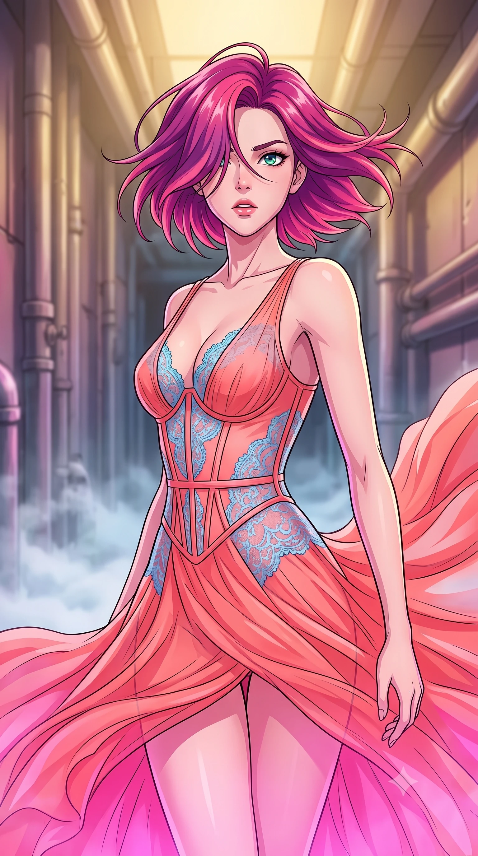 score_9, masterpiece, best quality, ultra-detailed, high-budget anime keyframe, clean line-art, cel-shading, Caucasian woman, strictly human ears. close-up cowboy shot from the waist and thighs up, the character dominates the composition, filling the frame with her large presence, background elements kept in soft focus. Executing a sudden, fast pivot to face the camera, her hair whipping violently across her face. set against a soft-focus background of a narrow corridor lined with pipes venting freezing nitrogen gas, creating a dense ice fog on the floor. She has an exceptionally elegant and slender, willowy female figure with an ultra-slim waist, a gracefully sculpted slender torso, and a refined slim physique. sharp v-shaped jawline, high-bridge nose, intricate jewel-like eyes with depth, thick eyelashes, glossy lips with a natural sheen. wearing the lightweight fabric rippling and billowing dramatically with her movement, a form-contouring ultra-sheer silk gown in coral pink, with sky-blue lace insets and visible structured boning throughout the bodice. dramatic contrast of hot pink furnace glow from below and cool golden light from above. highly saturated vibrant anime colors, intense vivid color palette, volumetric dynamic lighting, 2k, ultra detail, master piece, 9:16 ratio