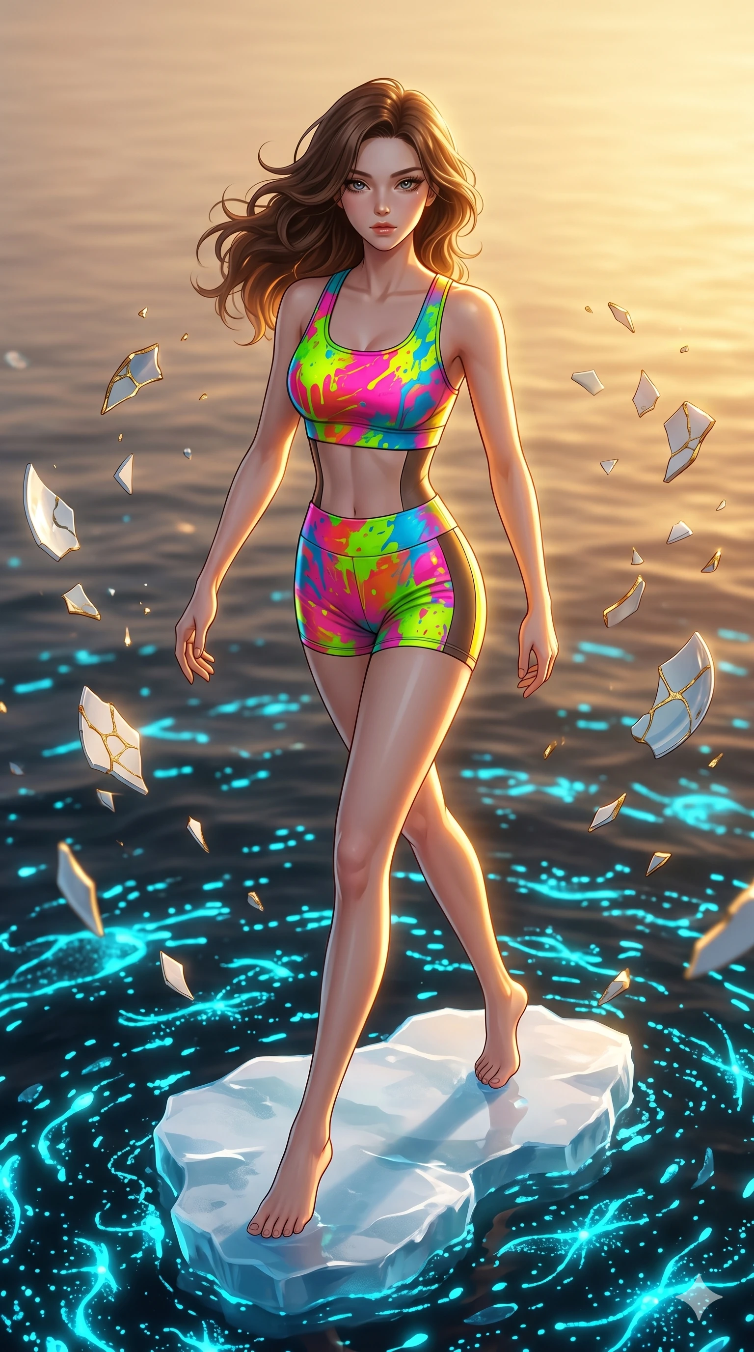 score_9, masterpiece, best quality, ultra-detailed, high-budget anime keyframe, editorial fashion photography, tasteful artistic composition, Korean woman. low angle full-body shot from head to toe showing her feet, filling the entire 9:16 vertical frame with her statuesque presence, stretching her vertical silhouette. stepping dynamically on on a floating ice floe in a sea of glowing cyan bioluminescent plankton as shards of porcelain and gold kintsugi float in suspension. She has an absolutely perfect 8-heads proportion, an exceptionally tall and slender female figure with impossibly long slender legs and an ultra-slim waist. V-shaped jawline, high-bridge nose, intricate jewel-like eyes with depth, thick eyelashes, glossy lips with a natural sheen.. wearing a liquid acrylic splash bodysuit, featuring a vivid fluorescent acrylic-paint-splattered structured athletic top with matching high-waist shorts and opaque side detailing. bathed in warm sunset rays that create a soft gold glow along her slender athletic build. 2k, ultra detail, master piece, 9:16 ratio