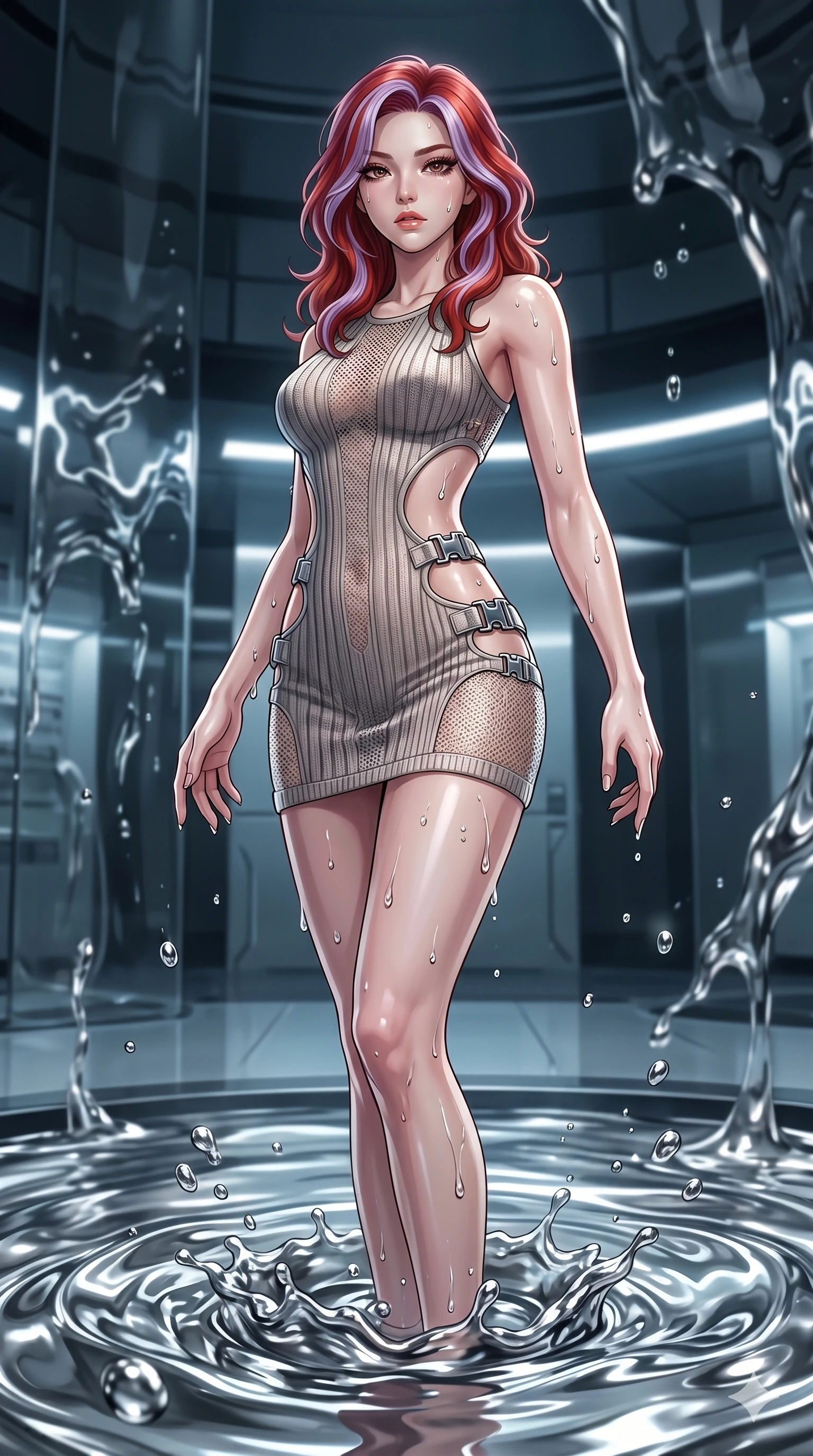 score_9, masterpiece, best quality, ultra-detailed, High-budget Anime Keyframe, East Asian woman. Dynamic full-body shot stretching the vertical silhouette to the limit. Scenario 274: Rising from a pool of mercury-like liquid, droplets rolling off her skin. Her presence is magnetic and overpowering in this high-budget anime scene. Outfit 274: A ribbed bodycon knit micro-mesh with a strategic side cut-outs and metallic buckles. The clothing is designed to emphasize her exceptionally tall and slender 8-heads proportion. 8-heads proportion, towering silhouette, ultra-slim waist. sharp v-shaped jawline, intricate jewel-like eyes with depth, thick eyelashes, glossy lips. 2k, ultra detail, master piece, 9:16 ratio