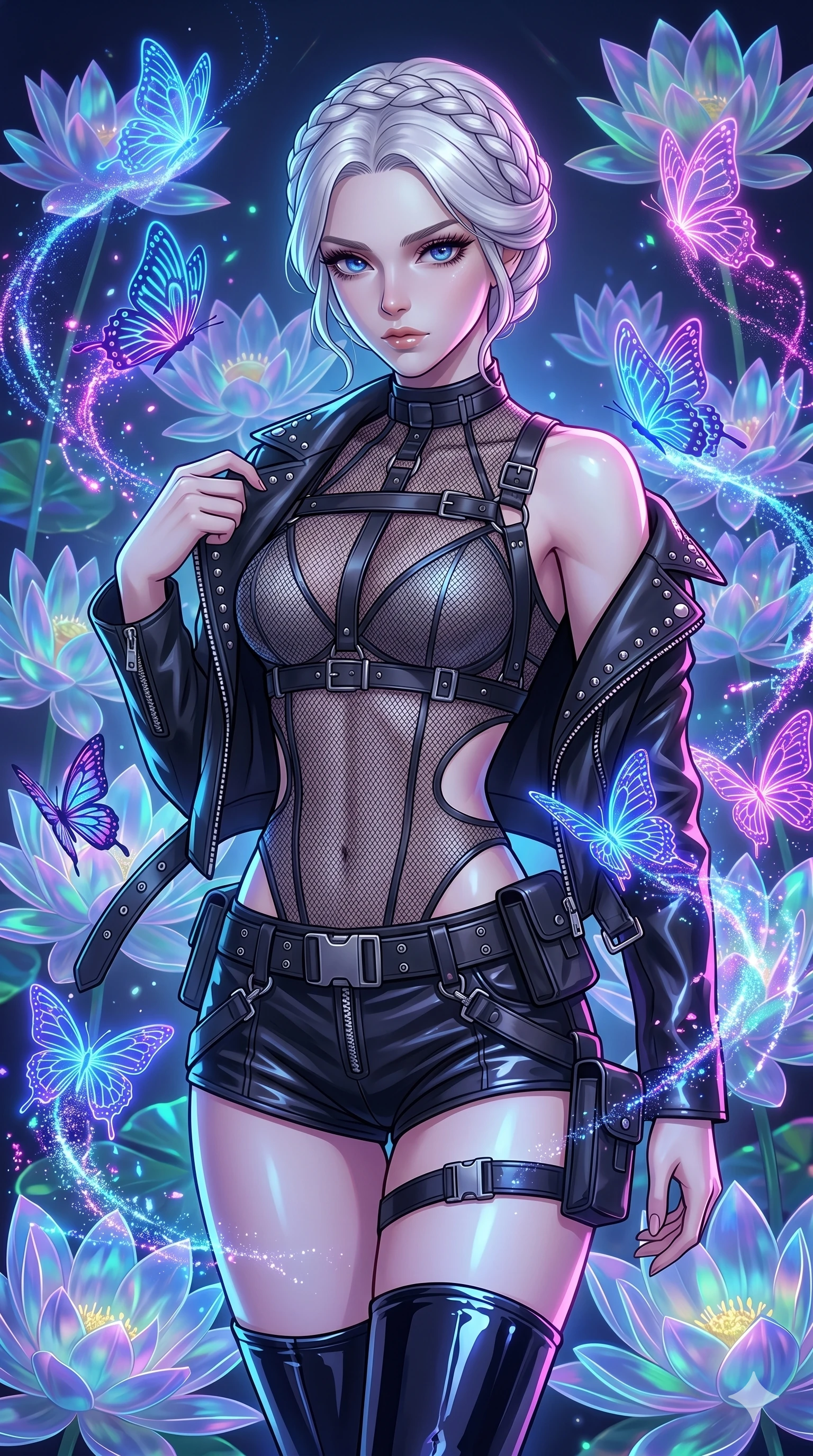 score_9, masterpiece, best quality, ultra-detailed, High-budget Anime Keyframe, vibrant colors, fluid line-art, expressive lighting, cinematic composition, Ufotable-style visual effects, top-tier animation quality, Caucasian woman with pale skin and refined features. Upper body close-up from the thighs up, character filling the screen for maximum presence. Surrounded by a swarm of digital butterflies that leave trails of neon dust. She has an absolutely perfect 8-heads proportion, an exceptionally tall and slender female figure with impossibly long slender legs and an ultra-slim waist, her statuesque height and towering silhouette dominating the vertical 9:16 frame. Her face is a masterpiece featuring a sharp v-shaped jawline, high-bridge nose, intricate jewel-like eyes with depth, thick eyelashes, and glossy lips with a natural sheen. She is wearing a Leather harness over a mesh bodysuit with zip-up micro-shorts and tactical belts, studded biker jacket draped over shoulders, and thigh-high patent leather boots, featuring strategic side cut-outs.. The scene is set in a digital garden filled with holographic lotus flowers and neon butterflies. 2k, ultra detail, master piece, 9:16 ratio