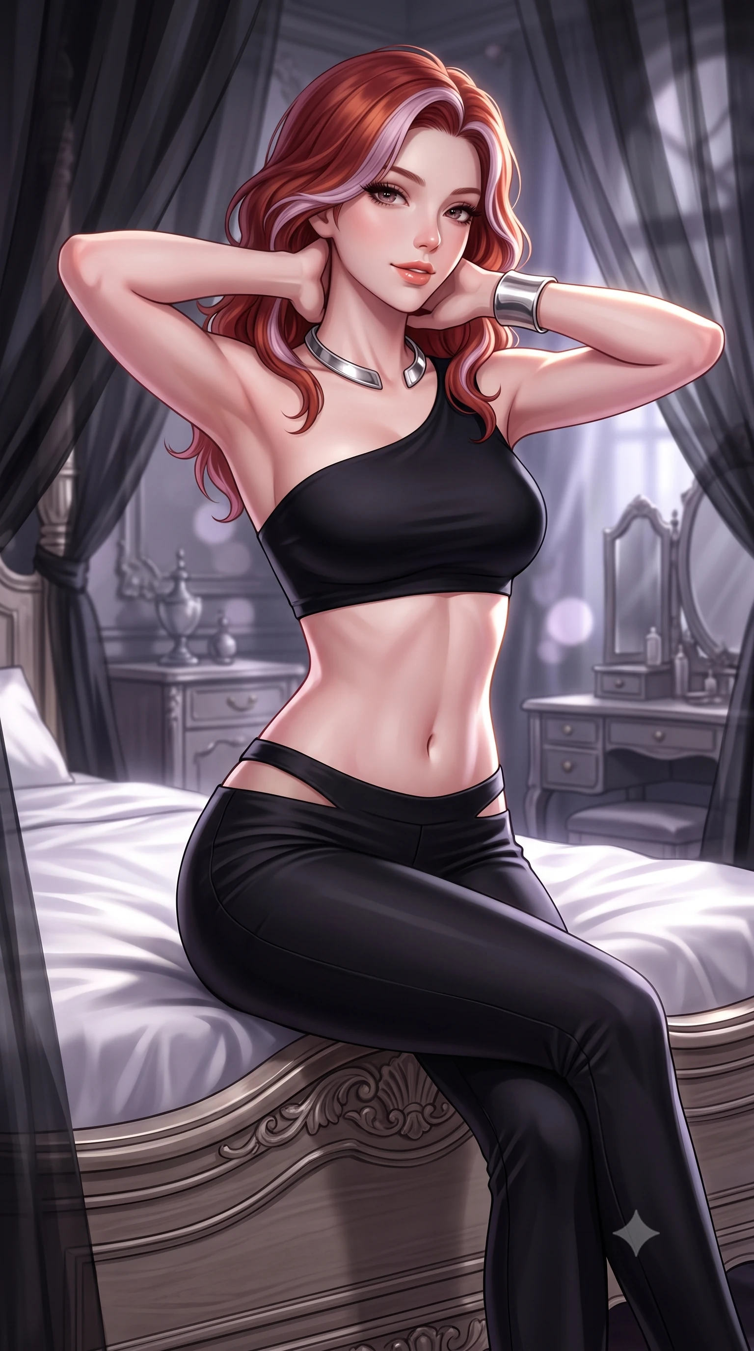score_9, masterpiece, best quality, ultra-detailed, high-budget anime keyframe, semi-realistic 3D game render, editorial fashion photography, tasteful artistic composition, Caucasian woman. close-up cowboy shot from the waist and thighs up, the character dominates the composition, filling the frame with her large presence. resting both hands lightly behind her neck with elbows raised, arching her spine to highlight her narrow waist, flat midriff, and breathtaking collarbones while sitting perched on the edge of the antique carved four-poster bed with hips cocked back, looking over her shoulder with an intoxicating smile. The background shows a soft-focus floating sheer black organza canopy curtains, antique gothic vanities, and moonlight blurred into charcoal, lavender, and silver bokeh. She has an exceptionally elegant, slender, and willowy female figure with an ultra-slim waist, flat toned midriff, narrow ribcage, and sculpted feminine hips creating an alluring, slim hourglass silhouette without bulk. sharp v-shaped jawline, high-bridge nose, sparkling eyes with hypnotic seductive depth, thick curled eyelashes, glossy parted lips with a natural dewy peach sheen, alluring bedroom-eyes with an enchanting coquettish smile, exuding magnetic siren charisma and sophisticated glamour, flawlessly proportioned anatomical accuracy, strict slender model proportions, natural body alignment, perfectly sculpted long slender limbs, ultra-slim waistline, clean dynamic posture without body distortion. wearing a form-contouring one-shoulder minimalist bandeau top paired with low-rise tailored trousers with sheer hip cutouts in high-contrast minimalist monochrome black and pure alabaster white, crafted from smooth liquid-tight stretch jersey emphasizing every curve of her body, finished with a sculptural silver torque collar and a matching wide architectural wrist cuff, the glove-like clinging cut tightly following the natural contour of her hips and long slender legs with youthful 8.5-heads elegance. illuminated by silk bedding reflection fill and sharp platinum-gold rim lights defining her collarbones, narrow waist, and curvy hips. highly saturated vibrant anime colors, detailed shading with soft gradients, rich glossy textures, high-contrast stereoscopic depth, volumetric dynamic lighting, master piece, 9:16 ratio