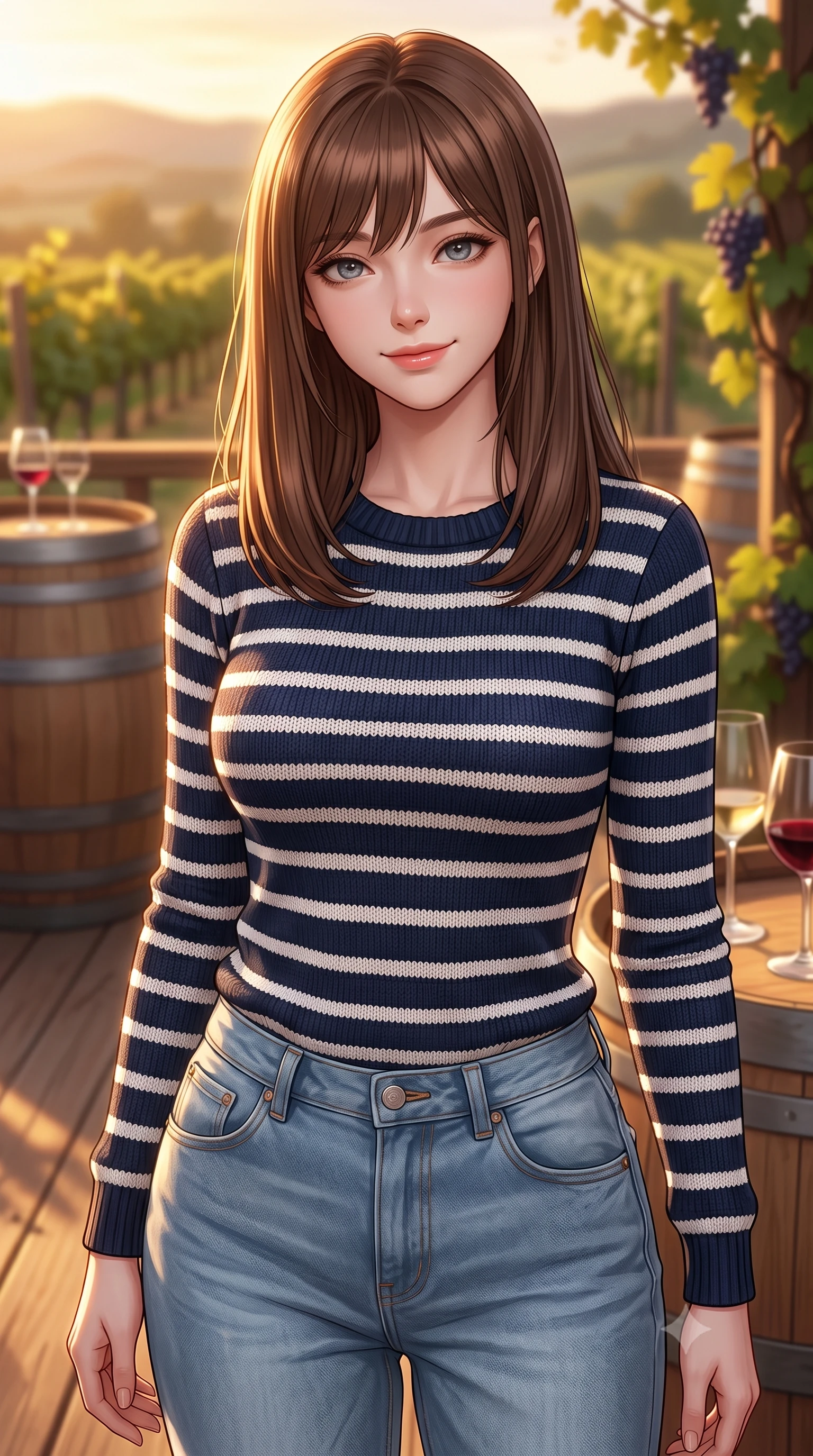 score_9, masterpiece, best quality, ultra-detailed, high-budget anime keyframe, editorial fashion photography, tasteful artistic composition, Korean woman woman. close-up cowboy shot from the waist and thighs up, the character dominates the composition, filling the frame with her large presence, background elements kept in soft focus. tilting her head slightly with a gentle, friendly smile under the warm sun the background shows a soft-focus a wooden terrace of a vineyard winery, with wooden barrels and grapevines in soft focus. She has an exceptionally elegant, slender, and willowy female figure with an ultra-slim waist, a gracefully sculpted slender torso, and a refined silhouette. sharp v-shaped jawline, high-bridge nose, intricate jewel-like eyes with depth, thick eyelashes, glossy lips with a natural sheen. wearing a slim-fit comfortable striped knit sweater in navy and white, paired with blue denim boyfriend jeans. warm golden hour light tracing the grapevines and wine glasses in a golden rim light. 2k, ultra detail, master piece, 9:16 ratio