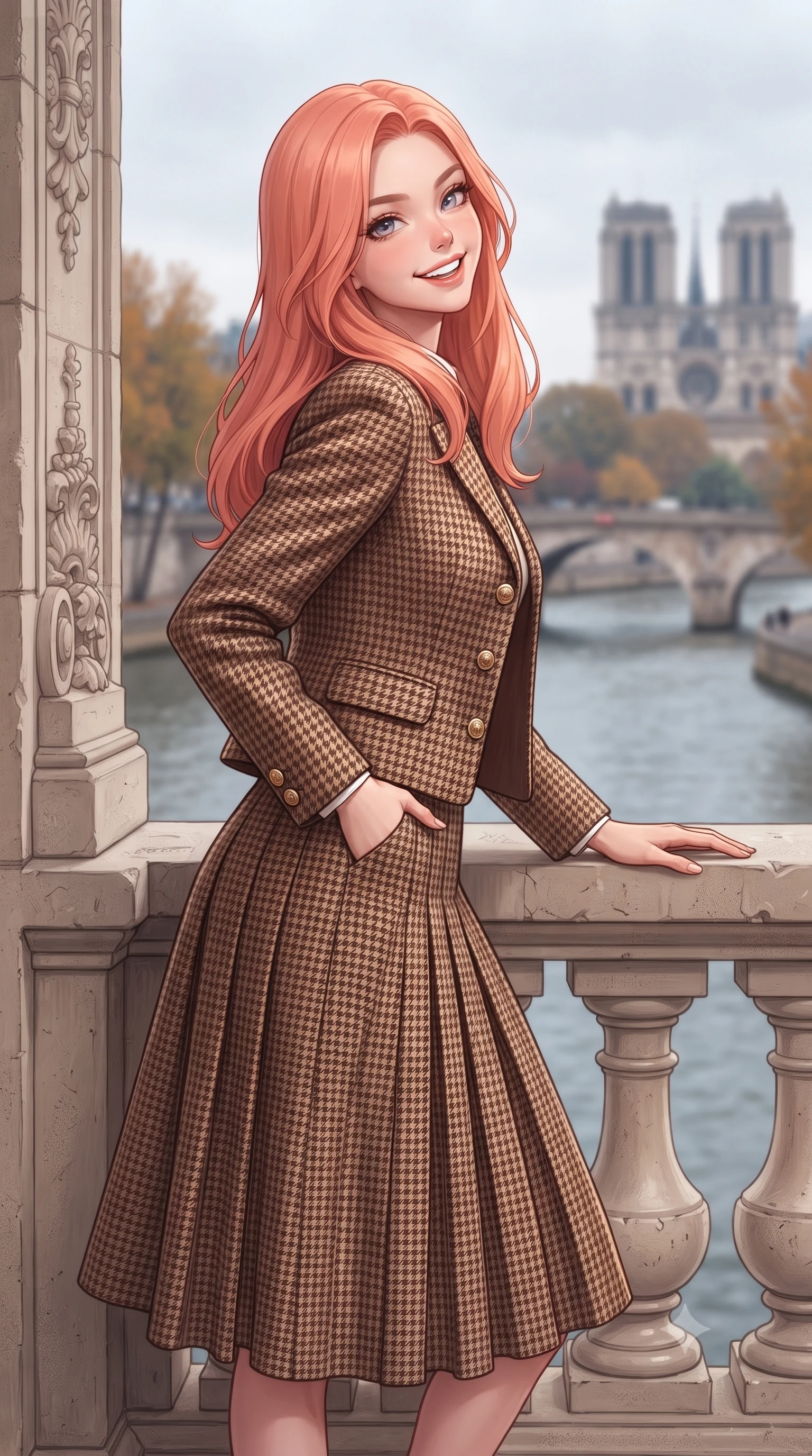 score_9, masterpiece, best quality, ultra-detailed, high-budget anime keyframe, editorial fashion photography, tasteful artistic composition, Japanese woman. close-up cowboy shot from the waist and thighs up, the character dominates the composition, filling the frame with her large presence. standing poised with one hand slipped into her tailored trouser pocket, head tilted in a friendly, engaging expression while leaning against the exterior limestone window frame with one hand resting on the balustrade, glancing back with sophisticated Parisian charm. The background shows a soft-focus flowing River Seine waters, autumn-colored trees along the quays, historic stone bridges, and distant Notre-Dame towers blurred into slate blue, copper, and zinc grey bokeh. She has an exceptionally elegant, slender, and willowy female figure with an ultra-slim waist, flat toned midriff, narrow ribcage, and sculpted feminine hips creating an alluring, slim hourglass silhouette without bulk. sharp v-shaped jawline, high-bridge nose, intricate jewel-like sparkling eyes with depth, thick eyelashes, glossy parted lips with a natural peach sheen, bright cheerful beaming smile with an enchanting and coquettish sensual glint, exuding both youthful cute charm and seductive allure, flawlessly proportioned anatomical accuracy, strict slender model proportions, natural body alignment, perfectly sculpted long slender limbs, ultra-slim waistline, clean dynamic posture without body distortion. wearing a structured houndstooth tweed jacket with gold embossed buttons and a matching pleated A-line midi skirt in warm winter cinnamon and toasted caramel, tailored from fine wool gabardine with crisp permanent pleats and sharp drape, accented with an ornate 24k gold lion-embossed crest button along the front closure, the streamlined silhouette following her natural slender proportions with sophisticated poise, enhancing her tall willowy presence. illuminated by zinc roof reflection fill and clean pearlescent rim lights accentuating her sharp jawline and willowy silhouette. ultra-reflective glossy finish, specular highlights, rich textural contrasts, high-contrast stereoscopic depth, volumetric dynamic lighting, 2k, ultra detail, master piece, 9:16 ratio