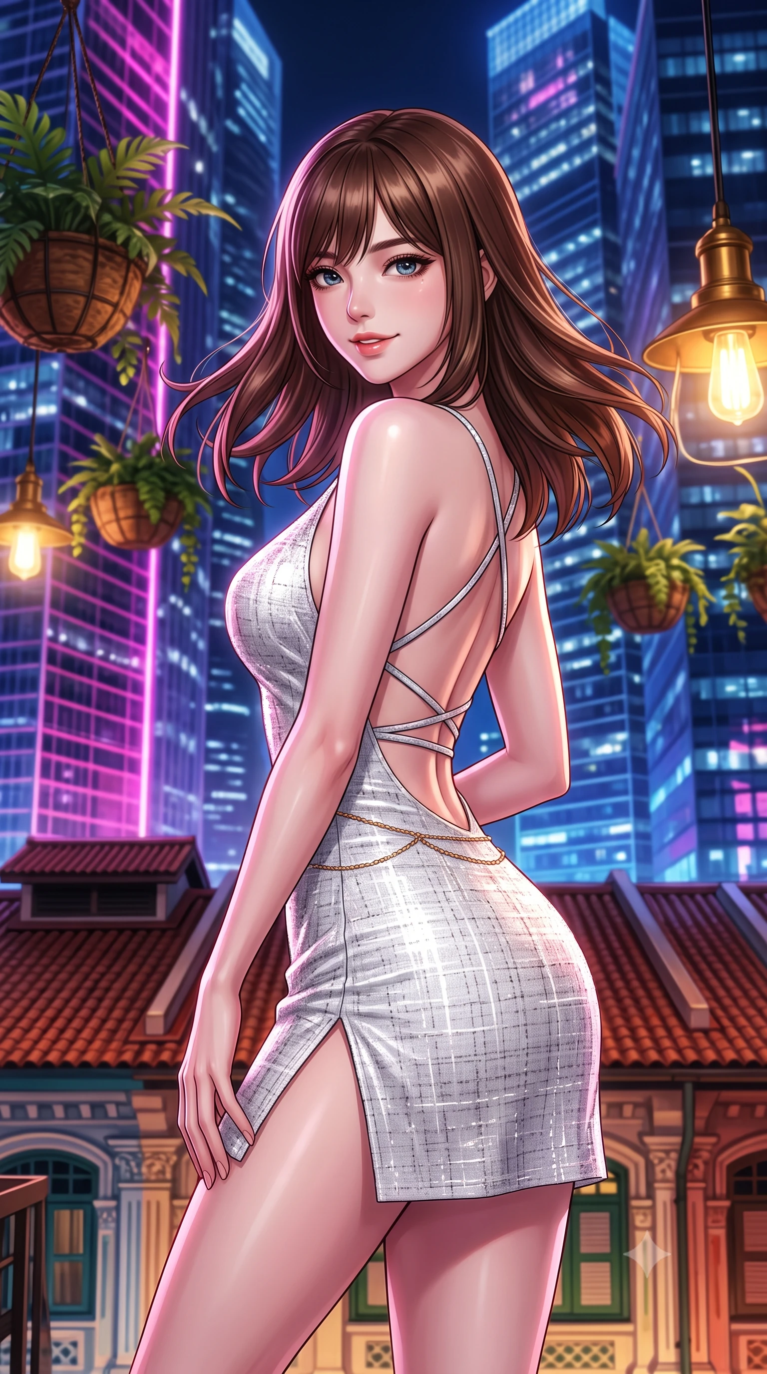 score_9, masterpiece, best quality, ultra-detailed, high-budget anime keyframe, semi-realistic 3D game render, editorial fashion photography, tasteful artistic composition, Korean woman. close-up cowboy shot from the waist and thighs up, the character dominates the composition, filling the frame with her large presence. turning slowly with an enchanting smoldering smile, her glossy hair tossing in the breeze as her hips angle gracefully in a captivating contrapposto while standing poised on the restored terracotta tile rooftop of the historic Peranakan shophouse, arching her spine with femme-fatale poise as ultra-modern glass skyscrapers tower all around. The background shows a soft-focus hanging tropical plant baskets softened in trendy Singapore rooftop bar shallow focus. She has an exceptionally elegant, slender, and willowy female figure with an ultra-slim waist, flat toned midriff, narrow ribcage, and sculpted feminine hips creating an alluring, slim hourglass silhouette without bulk. sharp v-shaped jawline, high-bridge nose, intricate jewel-like sparkling eyes with depth, thick eyelashes, glossy parted lips with a natural peach sheen, bright cheerful beaming smile with an enchanting and coquettish sensual glint, exuding both youthful cute charm and seductive allure, flawlessly proportioned anatomical accuracy, strict slender model proportions, natural body alignment, perfectly sculpted long slender limbs, ultra-slim waistline, clean dynamic posture without body distortion. wearing a backless liquid lamé mini dress with criss-cross spinal straps and daring side slit in pure translucent crystal white and liquid platinum, woven from structured British tweed with subtle metallic flecks, accented with a dainty gold belly chain resting across her flat midriff and curving hips, the high-slit wrap tailoring accentuating her ultra-slim waistline and the enchanting curve of her feminine hips with alluring seductive charm. bathed in the warm golden 2300K glow of vintage brass lamps mixed with electric magenta and sapphire city skyscraper reflections. highly saturated vibrant anime colors, detailed shading with soft gradients, rich glossy textures, high-contrast stereoscopic depth, volumetric dynamic lighting, master piece, 9:16 ratio