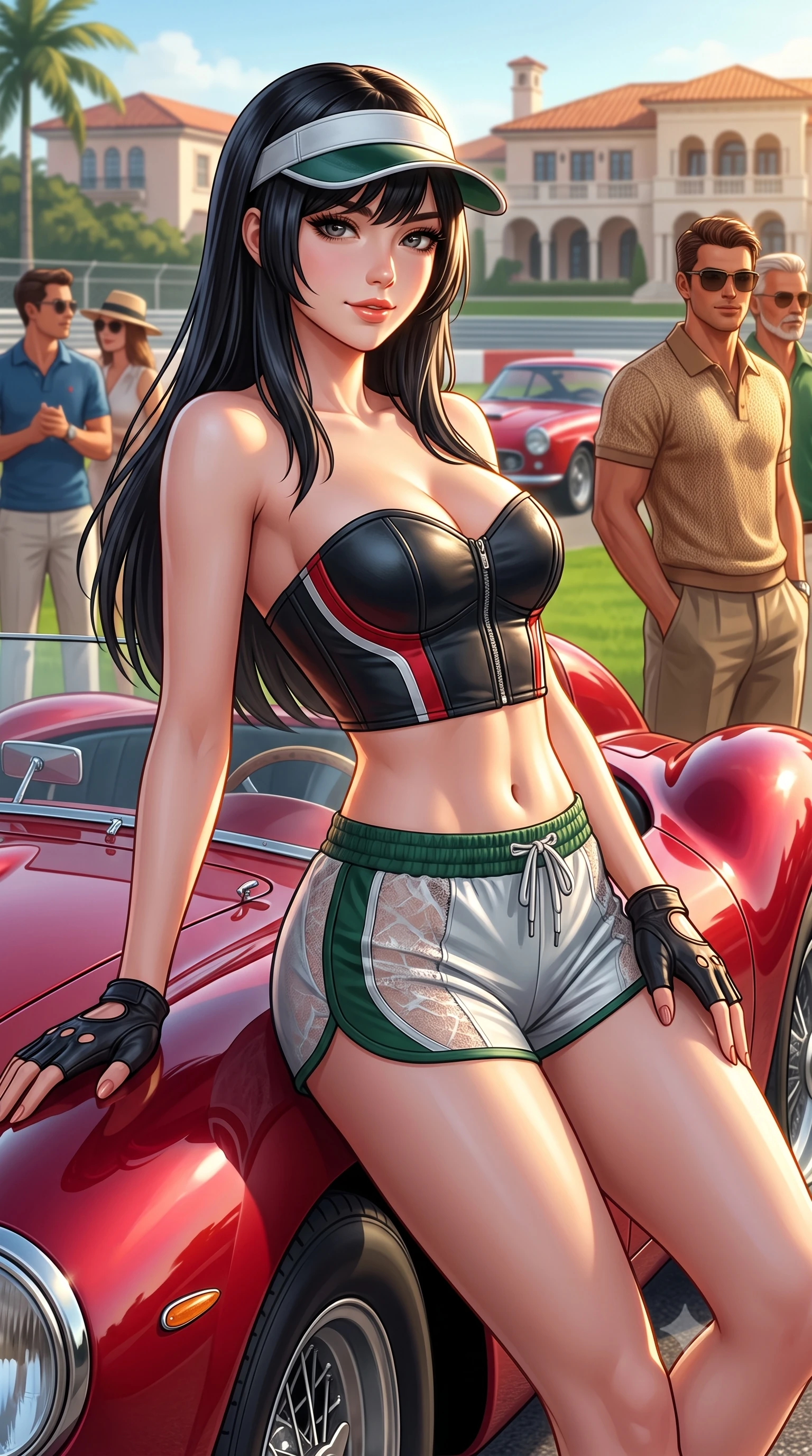 score_9, masterpiece, best quality, ultra-detailed, high-budget anime keyframe, semi-realistic 3D game render, editorial fashion photography, tasteful artistic composition, Caucasian woman. close-up cowboy shot from the waist and thighs up, the character dominates the composition, filling the frame with her large presence. leaning back against the pit wall with relaxed seductive grace, her flat midriff and narrow waist highlighted as sunlight traces her curves while leaning against the sculpted front fender of a vintage Ferrari 250 Testa Rossa with hips cocked back, casting an intoxicating bedroom-gaze. The surrounding environment is rendered in vivid detail and crisp panoramic clarity: detailed resort polo knit texture, glowing sun-tanned skin highlights, and Palm Beach estate architecture in high resolution. She has an exceptionally elegant, slender, and willowy female figure with an ultra-slim waist, flat toned midriff, narrow ribcage, and sculpted feminine hips creating an alluring, slim hourglass silhouette without bulk. sharp v-shaped jawline, high-bridge nose, sparkling eyes with athletic focus and depth, thick curled eyelashes, glossy parted lips with a natural coral-peach sheen, bright confident and coquettish smile with alluring bedroom-eyes, exuding both youthful sporty vigor and sovereign high-society glamour, flawlessly proportioned anatomical accuracy, strict slender model proportions, natural body alignment, perfectly sculpted long slender limbs, ultra-slim waistline, clean dynamic posture without body distortion. wearing a strapless structured leather corset top with racing stripe accents paired with high-waisted track shorts in alpine silver platinum and forest green, crafted from sheer delicate stretch lace reinforced with technical sport threads, accented with a sporty retro tennis visor and fingerless leather driving gloves, the form-fitting tailored bodice adhering flawlessly to her sculpted flat midriff and slender torso, emphasizing her long leg lines and perfectly proportioned willowy build. illuminated by green lawn bounce fill and sharp warm-gold rim lights defining her sculpted collarbones, ultra-slim waist, and curvy hips. highly saturated vibrant anime colors, detailed shading with soft gradients, rich glossy textures, high-contrast stereoscopic depth, volumetric dynamic lighting, master piece, 9:16 ratio