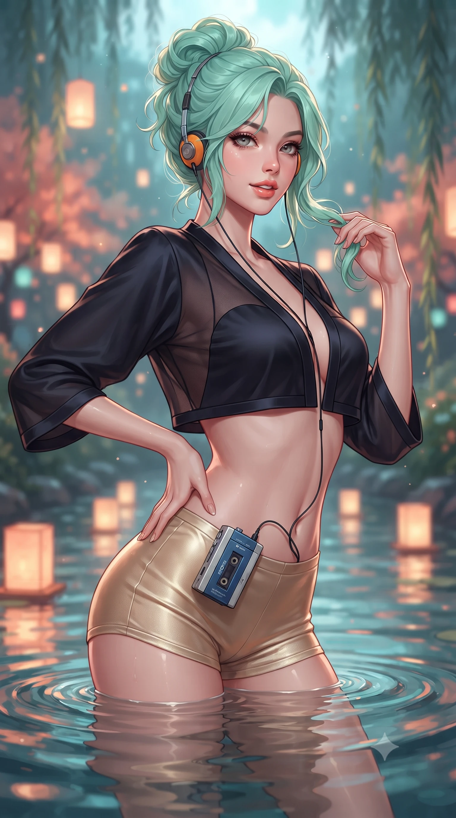 score_9, masterpiece, best quality, ultra-detailed, high-budget anime keyframe, editorial fashion photography, tasteful artistic composition, Japanese woman. close-up cowboy shot from the waist and thighs up, the character dominates the composition, filling the frame with her large presence. twisting her slender torso in an alluring contrapposto stance, one hand resting on her sculpted hip while her fingers toy with her hair with effortless poise while twisting her slender torso in an alluring S-curve, water rippling below casting liquid reflections over her flat midriff and hips. The background shows a soft-focus floating paper lantern lights on the stream and weeping willows blurred into coral, gold, and aquamarine bokeh. She has an exceptionally elegant, slender, and willowy female figure with an ultra-slim waist, flat toned midriff, narrow ribcage, and sculpted feminine hips creating an alluring, slim hourglass silhouette without bulk. sharp v-shaped jawline, high-bridge nose, sparkling eyes with hypnotic seductive depth, thick curled eyelashes, glossy parted lips with a natural dewy peach sheen, alluring bedroom-eyes with an enchanting coquettish smile, exuding magnetic siren charisma and sophisticated glamour, flawlessly proportioned anatomical accuracy, strict slender model proportions, natural body alignment, perfectly sculpted long slender limbs, ultra-slim waistline, clean dynamic posture without body distortion. wearing a modern two-piece royal silk loungewear set featuring an open-front short bolero and form-fitting silk hot-pants in midnight obsidian black and shimmering liquid champagne gold, made of semi-opaque stretch illusion mesh with soft shadowy contours, complemented by a retro cassette walkman with vintage foam-padded orange headphones, the second-skin tailored fabric adhering flawlessly to her sculpted flat midriff and slender torso, emphasizing her long leg lines and perfectly proportioned willowy build. bathed in radiant celestial moonlight combined with floating candle lantern glows from the stream. ultra-reflective glossy finish, specular highlights, rich textural contrasts, high-contrast stereoscopic depth, volumetric dynamic lighting, 2k, ultra detail, master piece, 9:16 ratio