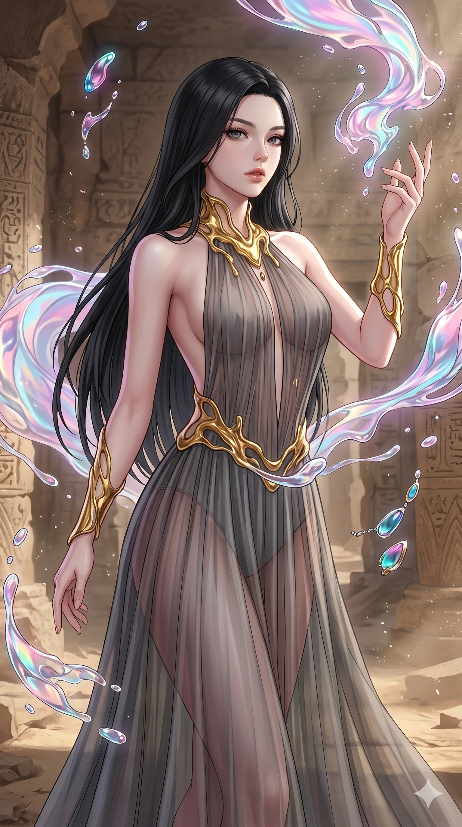 score_9, masterpiece, best quality, ultra-detailed, high-budget anime keyframe, Korean woman. upper body close-up from the thighs up, character filling the screen for maximum presence. interacting with liquid stained-glass that melts and swirls in mid-air inside a crumbling desert ruin, the fluid jewelry floating in suspension. She has an absolutely perfect 8-heads proportion, an exceptionally tall and slender female figure with impossibly long slender legs and an ultra-slim waist. V-shaped jawline, high-bridge nose, intricate jewel-like eyes with depth, thick eyelashes, glossy lips with a natural sheen.. wearing a molten gold and chiffon gown, featuring organic liquid gold collar and cuffs on a translucent charcoal-gray halter neck chiffon gown with a deep backless design. enhanced by a luminous pastel spectrum glow, casting elegant rim lights on her shoulders and jawline. 2k, ultra detail, master piece, 9:16 ratio