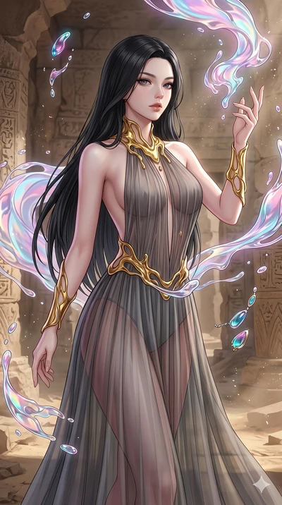 score_9, masterpiece, best quality, ultra-detailed, high-budget anime keyframe, Korean woman. upper body close-up from the thighs up, character filling the screen for maximum presence. interacting with liquid stained-glass that melts and swirls in mi
