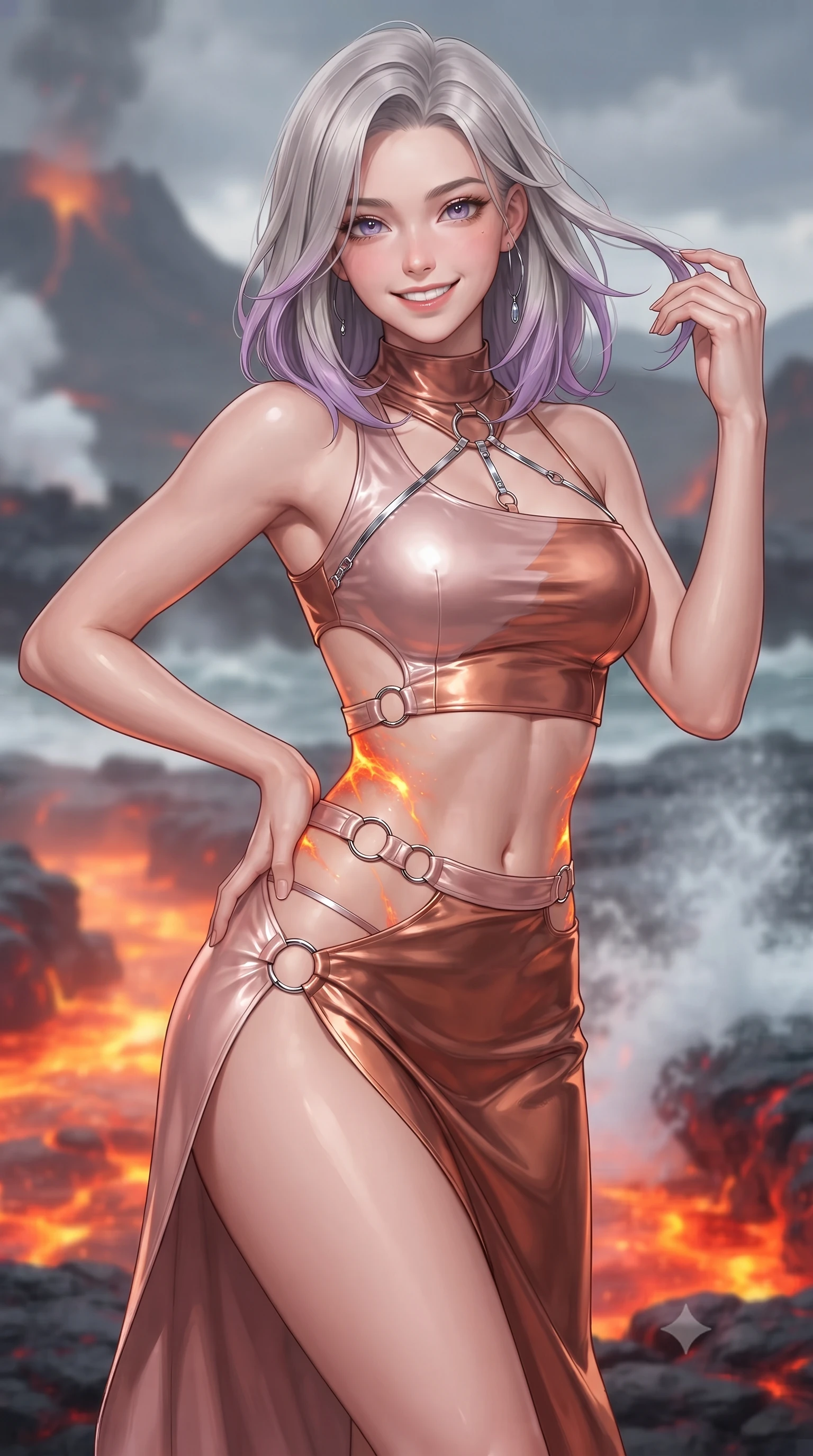 score_9, masterpiece, best quality, ultra-detailed, high-budget anime keyframe, editorial fashion photography, tasteful artistic composition, Caucasian woman. close-up cowboy shot from the waist and thighs up, the character dominates the composition, filling the frame with her large presence. twisting her slender torso in an alluring contrapposto stance, one hand resting on her sculpted hip while her fingers toy with her hair with effortless poise while twisting her slender torso in an alluring contrapposto stance beside the molten rock cooling channel, searing orange magma light dancing across her narrow waist and curvy hips. The background shows a soft-focus sulfur-scented volcanic mist softened in offshore geothermal fortress shallow focus. She has an exceptionally elegant, slender, and willowy female figure with an ultra-slim waist, flat toned midriff, narrow ribcage, and sculpted feminine hips creating an alluring, slim hourglass silhouette without bulk. sharp v-shaped jawline, high-bridge nose, intricate jewel-like sparkling eyes with depth, thick eyelashes, glossy parted lips with a natural peach sheen, bright cheerful beaming smile with an enchanting and coquettish sensual glint, exuding both youthful cute charm and seductive allure, flawlessly proportioned anatomical accuracy, strict slender model proportions, natural body alignment, perfectly sculpted long slender limbs, ultra-slim waistline, clean dynamic posture without body distortion. wearing an alluring tactical crop top with asymmetrical side-rib cutouts and high-neck collar paired with a high-slit wrap skirt in high-gloss rose-gold and burnished copper, adorned with delicate chrome ring hardware and cutouts along her slender waist, accented with a chrome-drop body harness subtly framing her dewy collarbones and spine, the form-contouring silhouette accentuating her sculpted flat midriff, narrow delicate ribcage, and gracefully curvy hips with intoxicating allure. bathed in the intense warm 1800K radiant glow of incandescent magma contrasted with cold stormy sea spray. ultra-reflective glossy finish, specular highlights, rich textural contrasts, high-contrast stereoscopic depth, volumetric dynamic lighting, 2k, ultra detail, master piece, 9:16 ratio