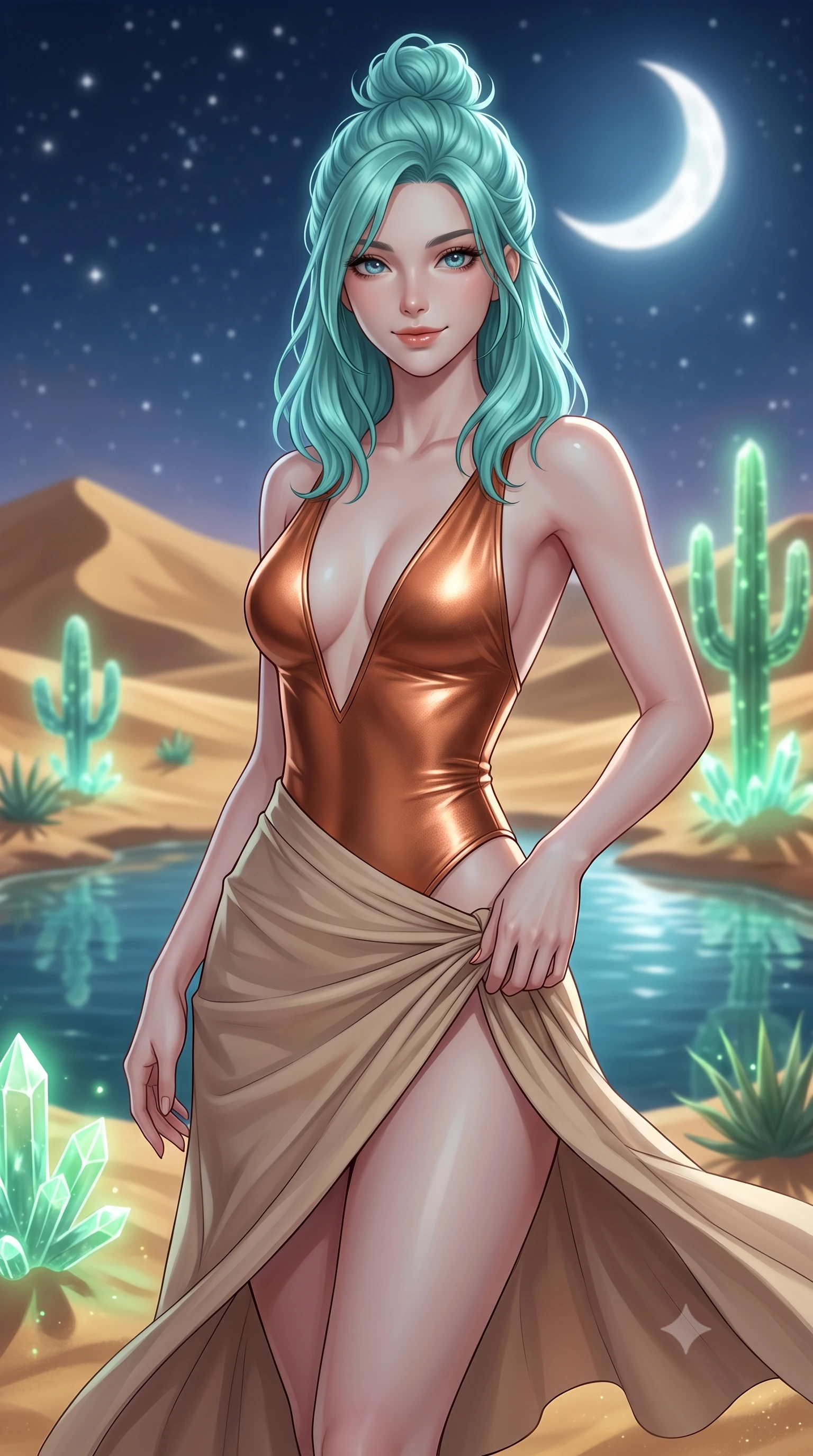 score_9, masterpiece, best quality, ultra-detailed, high-budget anime keyframe, editorial fashion photography, tasteful artistic composition, Japanese woman. close-up cowboy shot from the waist and thighs up, the character dominates the composition, filling the frame with her large presence, background elements kept in soft focus. Smiling softly with a knowing, happy look in her eyes. set against a soft-focus background of standing beside a pristine desert pool surrounded by shifting gold sand dunes and glowing crystal cacti under a clear starry night. She has an exceptionally elegant, slender, and willowy female figure with a highly-defined ultra-slim waist, a gracefully sculpted slender torso, and a refined slim-fit silhouette that contours her form. sharp v-shaped jawline, high-bridge nose, intricate jewel-like eyes with depth, thick eyelashes, glossy lips with a natural sheen. wearing a metallic copper bodysuit with a deep V-cut front, paired with a flowing beige asymmetrical wrap skirt. soft white moonlight from a large crescent moon with a gentle green bioluminescent glow from the cacti. 2k, ultra detail, master piece, 9:16 ratio