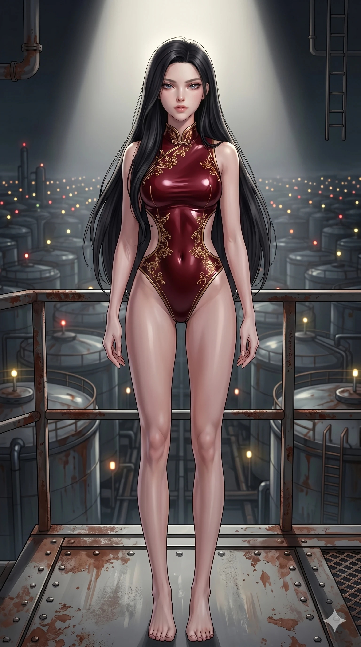 score_9, masterpiece, best quality, ultra-detailed, high-budget anime keyframe, editorial fashion photography, tasteful artistic composition, Korean woman. cowboy shot from the thighs up, character and outfit filling the frame for maximum editorial presence. Tilting her chin up slightly with a composed, powerful expression, her eyes glancing downward on a metal platform overlooking a sea of storage tanks with glowing indicator lights. She has an absolutely perfect 8-heads proportion, an exceptionally tall and slender female figure with impossibly long slender legs and an ultra-slim waist. V-shaped jawline, high-bridge nose, intricate jewel-like eyes with depth, thick eyelashes, glossy lips with a natural sheen. wearing a modern qipao-inspired bodysuit in dark red latex-effect fabric with gold embroidery and side cutouts. under high-contrast theatrical lighting with a spotlight highlighting her face and shoulders. 2k, ultra detail, master piece, 9:16 ratio