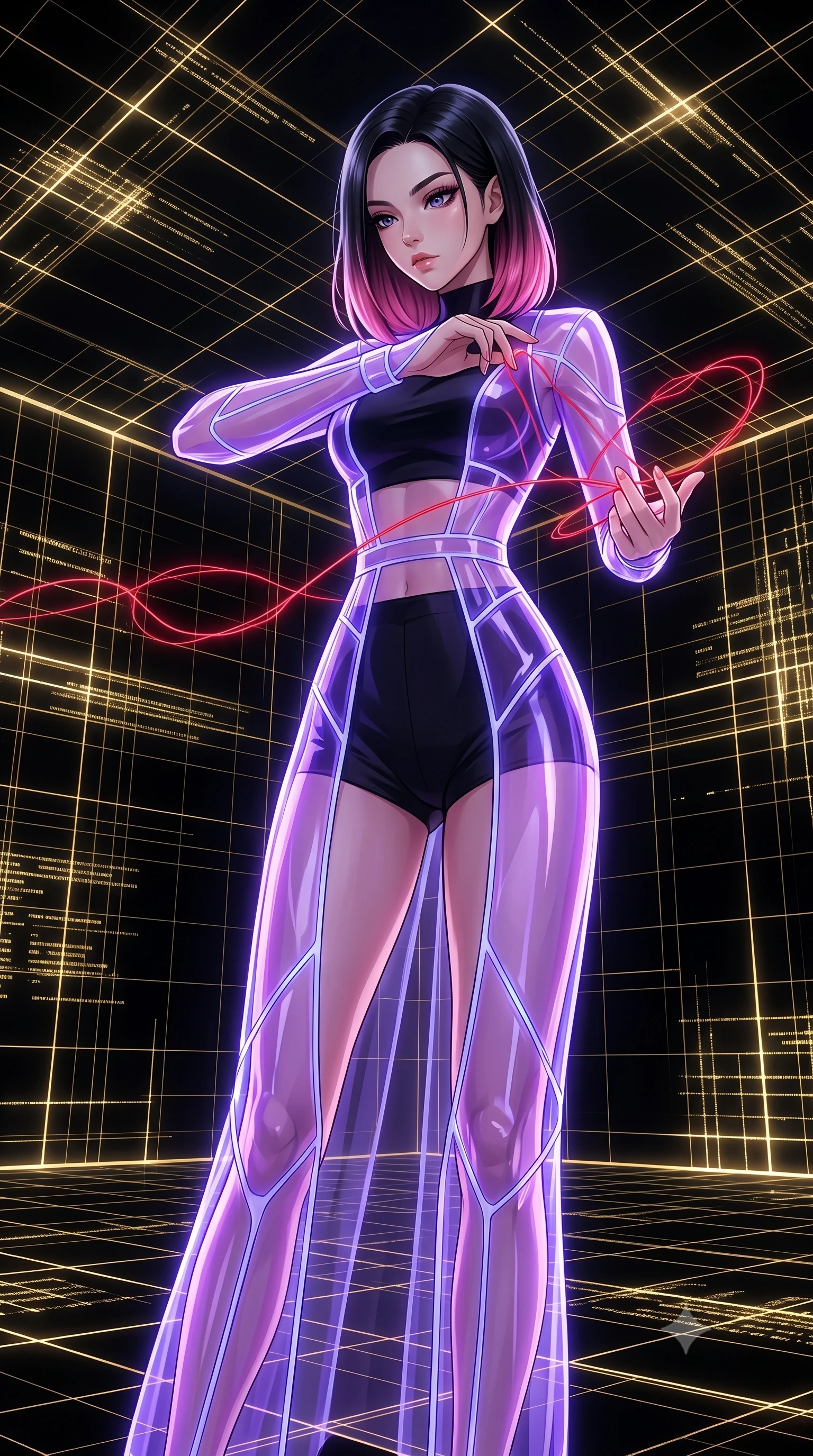 score_9, masterpiece, best quality, ultra-detailed, High-budget Anime Keyframe, East Asian woman. Low angle cowboy shot filling the entire 9:16 frame with her statuesque presence. Scenario 518: tracing a glowing red thread of fate with her fingers in a digital arena where gold gridlines project onto the black walls. Her presence is magnetic and overpowering in this high-budget anime scene. Outfit 518: a body-hugging neon violet translucent PVC gown worn over an opaque crop top and high-waisted shorts. The clothing is designed to emphasize her exceptionally tall and slender 8-heads proportion. 8-heads proportion, towering silhouette, ultra-slim waist. sharp v-shaped jawline, intricate jewel-like eyes with depth, thick eyelashes, glossy lips. 2k, ultra detail, master piece, 9:16 ratio
