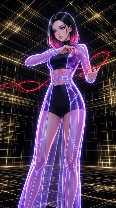 score_9, masterpiece, best quality, ultra-detailed, High-budget Anime Keyframe, East Asian woman. Low angle cowboy shot filling the entire 9:16 frame with her statuesque presence. Scenario 518: tracing a glowing red thread of fate with her fingers in