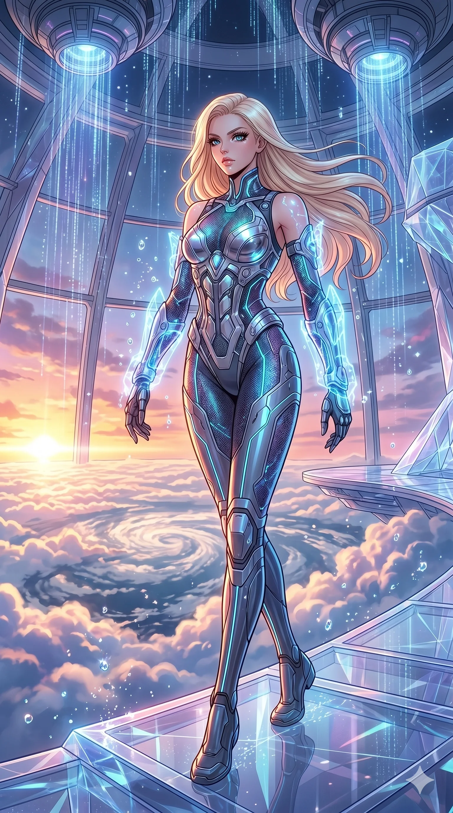 score_9, masterpiece, best quality, ultra-detailed, high-budget anime movie keyframe, cinematic anime lighting, intricate line art, Korean anime girl. Low angle cowboy shot filling the entire 9:16 frame with her statuesque presence. navigating a sea of clouds in a lunar observatory with holographic rain. She has an absolutely perfect 8-heads proportion, an exceptionally tall and slender female figure with an ultra-slim waist and impossibly long slender legs. sharp v-shaped jawline, high-bridge nose, intricate jewel-like eyes, thick eyelashes, glossy lips. Wearing asymmetrical high-cut tech-bodysuit with detached glowing sleeves, chrome-plated mechanical corset, and bioluminescent mesh panels clinging to her slender figure. The scene is illuminated by dramatic atmospheric lighting and vibrant color palettes. 2k, ultra detail, master piece, 9:16 ratio