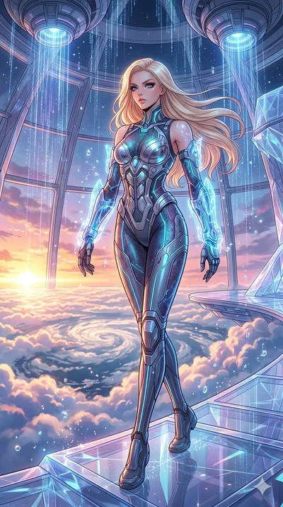 score_9, masterpiece, best quality, ultra-detailed, high-budget anime movie keyframe, cinematic anime lighting, intricate line art, Korean anime girl. Low angle cowboy shot filling the entire 9:16 frame with her statuesque presence. navigating a sea 
