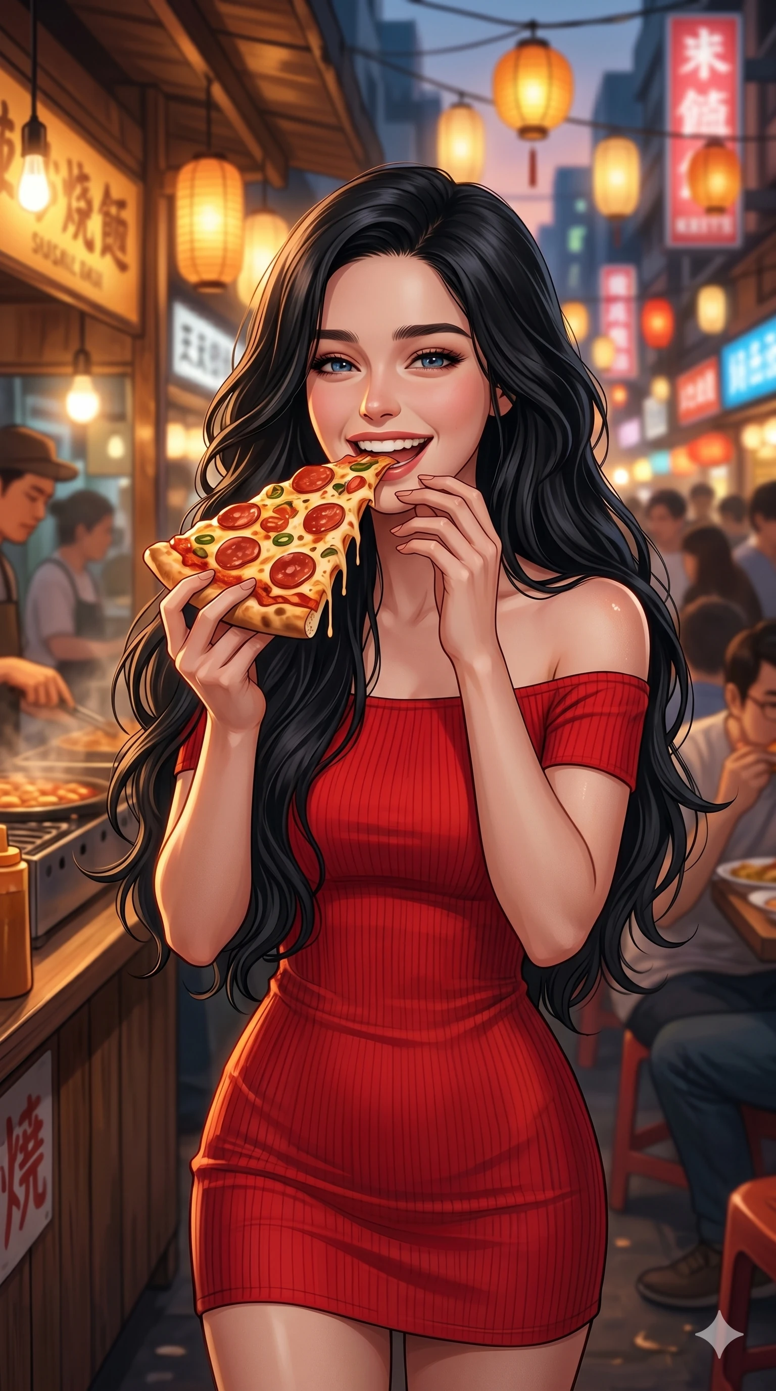 score_9, score_8_up, score_7_up, source_anime, masterpiece, best quality, ultra-detailed, same character with long flowing black hair, wearing a red off-the-shoulder bodycon dress, upper body close-up from thigh up filling the screen, laughing while eating a large slice of pizza, casual street food stall background, warm evening lights, 2k, 9:16 ratio