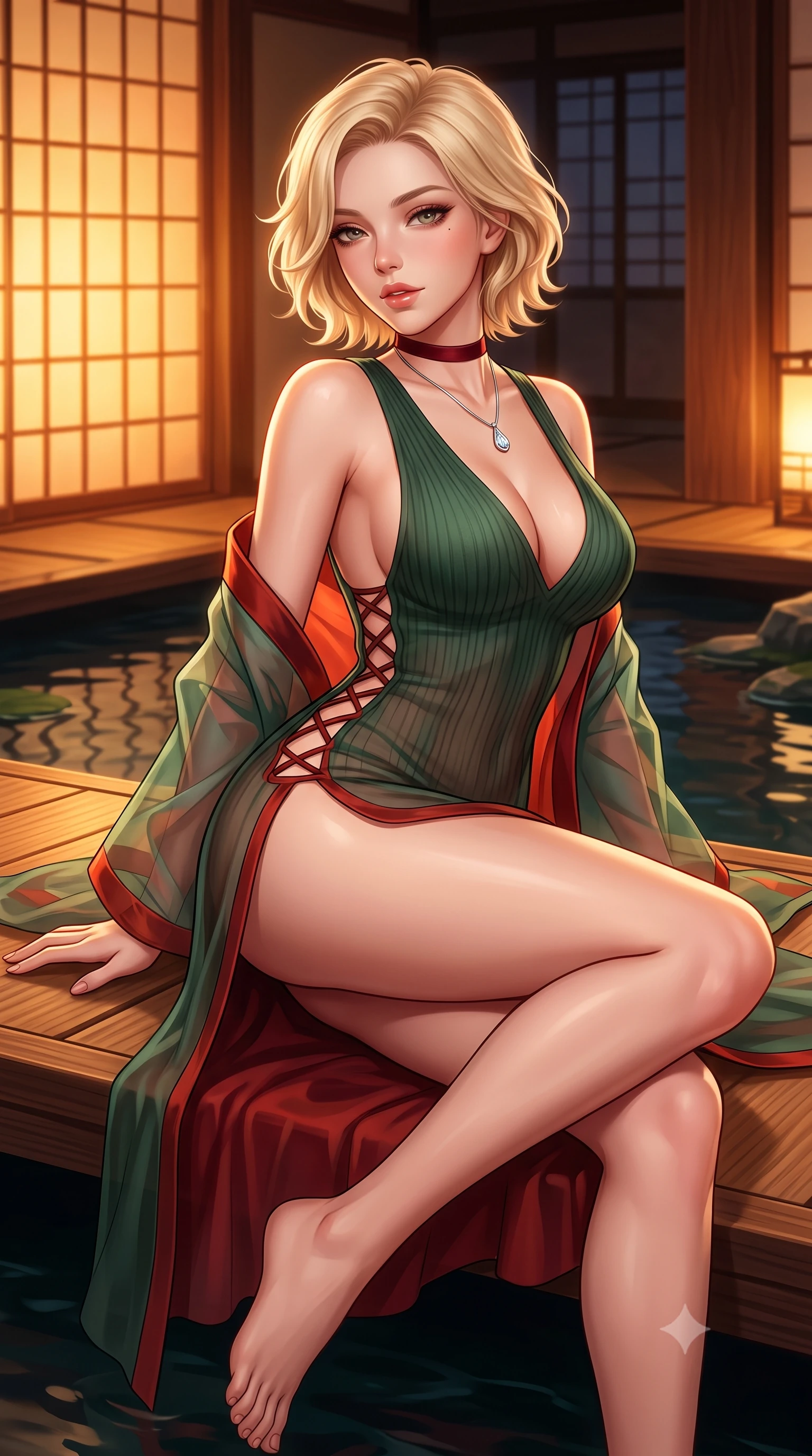 score_9, masterpiece, best quality, ultra-detailed, high-budget anime keyframe, semi-realistic 3D game render, editorial fashion photography, tasteful artistic composition, Caucasian woman. close-up cowboy shot from the waist and thighs up, the character dominates the composition, filling the frame with her large presence. posing in an alluring rear three-quarter angle, looking over a bare shoulder with parted glossy lips, her hips cocked back to highlight her slim hourglass curve while reclining sideways across the low platform with legs crossed, resting on one hand with sovereign geisha-queen charisma. The surrounding environment is rendered in vivid detail and crisp panoramic clarity: detailed sheer silk organza modern kimono robe slipping off bare shoulders, red satin bralette cling, and bespoke architecture in high resolution. She has an exceptionally elegant, slender, and willowy female figure with an ultra-slim waist, flat toned midriff, narrow ribcage, and sculpted feminine hips creating an alluring, slim hourglass silhouette without bulk. sharp v-shaped jawline, high-bridge nose, sparkling eyes with hypnotic seductive depth, thick curled eyelashes, glossy parted lips with a natural dewy peach sheen, alluring bedroom-eyes with an enchanting coquettish smile, exuding magnetic siren charisma and sophisticated glamour, flawlessly proportioned anatomical accuracy, strict slender model proportions, natural body alignment, perfectly sculpted long slender limbs, ultra-slim waistline, clean dynamic posture without body distortion. wearing a plunging V-neck fine rib-knit sweater dress with daring side-lace openings tracing her hip curve in Kyoto bamboo jade and lacquer vermilion, made of sheer gossamer chiffon that drapes softly against skin with airy translucence, finished with a thin velvet ribbon choker and a single teardrop diamond pendant, the high-slit wrap tailoring accentuating her ultra-slim waistline and the enchanting curve of her feminine hips with alluring seductive charm. bathed in warm 2600K amber light radiating from sliding shoji screens mixed with dark water specular reflection. highly saturated vibrant anime colors, detailed shading with soft gradients, rich glossy textures, high-contrast stereoscopic depth, volumetric dynamic lighting, master piece, 9:16 ratio