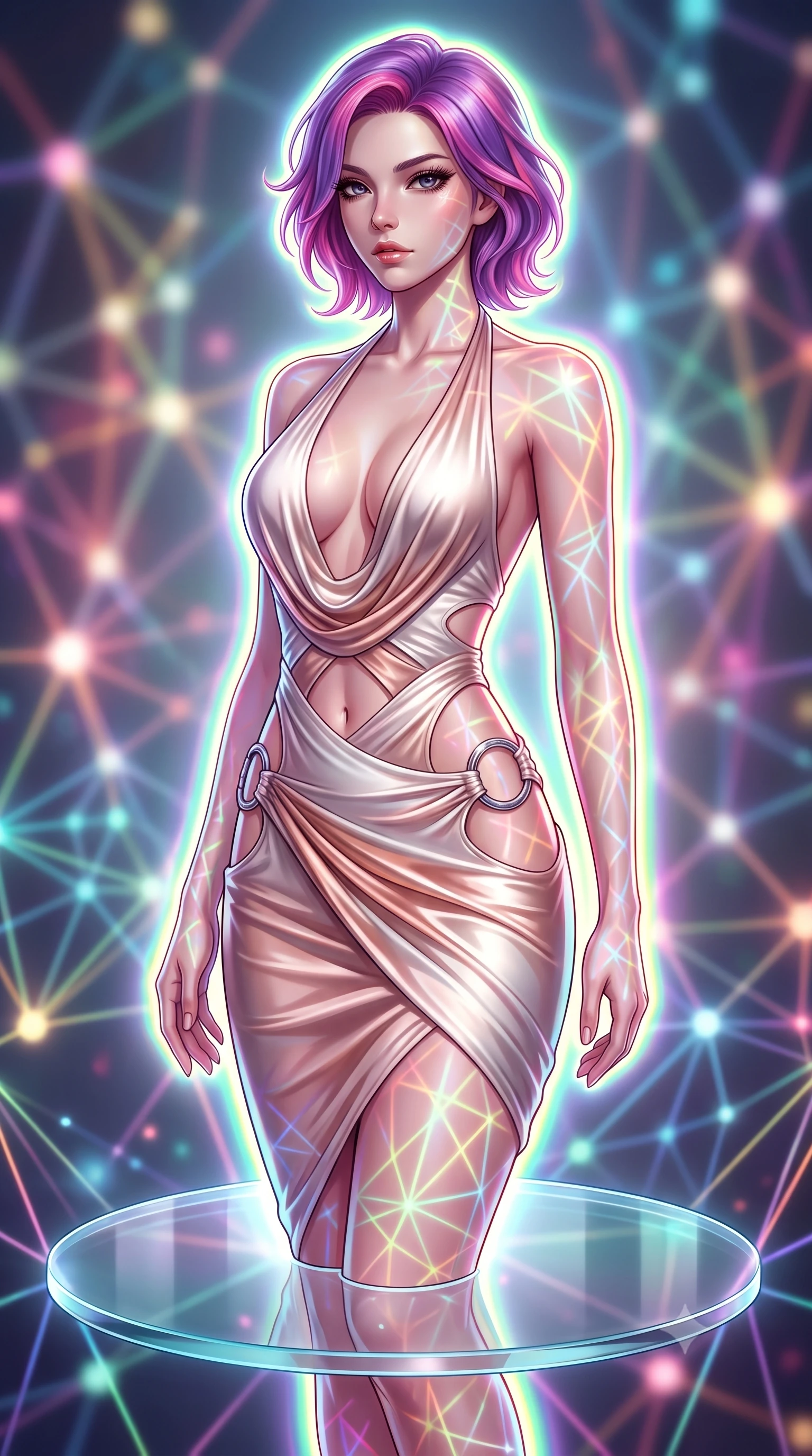score_9, masterpiece, best quality, ultra-detailed, high-budget anime keyframe, editorial fashion photography, tasteful artistic composition, Caucasian woman. close-up cowboy shot from the waist and thighs up, the character dominates the composition, filling the frame with her large presence, background elements kept in soft focus. Gazing past the camera with an air of effortless elegance and mysterious confidence poised on a floating glass disk suspended inside a geometric light matrix, intricate geometric lattice patterns of light projected onto her skin. She has an exceptionally elegant, slender, and willowy female figure with an ultra-slim waist, a gracefully sculpted slender torso, and a refined silhouette. sharp v-shaped jawline, high-bridge nose, intricate jewel-like eyes with depth, thick eyelashes, glossy lips with a natural sheen. wearing a deep-scoop halter bodycon dress with hip cutouts connected by silver rings in pearl white and rose gold, crafted from lustrous satin jersey with fluid draping, featuring subtle geometric cutouts that highlight her ultra-slim midriff, the glove-like fit emphasizing her statuesque silhouette. surrounded by a vibrant fluorescent aura with bright rim highlights. highly saturated vibrant anime colors, detailed shading with soft gradients, rich glossy textures, high-contrast stereoscopic depth, volumetric dynamic lighting, master piece, 9:16 ratio
