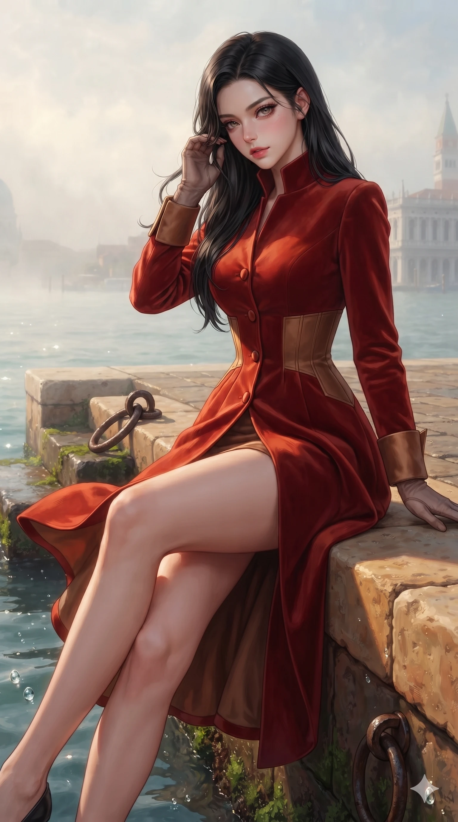 score_9, masterpiece, best quality, ultra-detailed, high-budget anime keyframe, editorial fashion photography, tasteful artistic composition, Korean woman. close-up cowboy shot from the waist and thighs up, the character dominates the composition, filling the frame with her large presence. gently brushing a lock of hair behind her ear while casting a playful, flirtatious side-gaze with long eyelashes while perching gracefully on the warm stone parapet with legs crossed, her wind-fluttered dress revealing a tantalizing glimpse of her long slender leg. The surrounding environment is rendered in vivid detail and crisp panoramic clarity: sharp mossy stone steps, iron mooring rings, and crystalline water droplet speculars in deep focus. She has an exceptionally elegant, slender, and willowy female figure with an ultra-slim waist, flat toned midriff, narrow ribcage, and sculpted feminine hips creating an alluring, slim hourglass silhouette without bulk. sharp v-shaped jawline, high-bridge nose, intricate jewel-like sparkling eyes with depth, thick eyelashes, glossy parted lips with a natural sheen, intensely captivating and seductive bedroom-eyes expression, exuding both youthful cute charm and sovereign luxury allure, flawlessly proportioned anatomical accuracy, strict slender model proportions, natural body alignment, perfectly sculpted long slender limbs, ultra-slim waistline, clean dynamic posture without body distortion. wearing a tailored high-collar velvet evening coat dress with structural waist cinching and satin cuff accents in imperial vermilion silk and warm bronze, crafted from bespoke double-faced cashmere with an exceptionally soft tactile finish, complemented by sheer opera-length evening gloves tracing her slender arms, the bespoke structured tailoring following the natural line of her 8.5-heads silhouette with refined elegance. bathed in the diffuse, painterly morning glow of Venetian lagoon light filtering through thin sea mist. ultra-reflective glossy finish, specular highlights, rich textural contrasts, high-contrast stereoscopic depth, volumetric dynamic lighting, 2k, ultra detail, master piece, 9:16 ratio