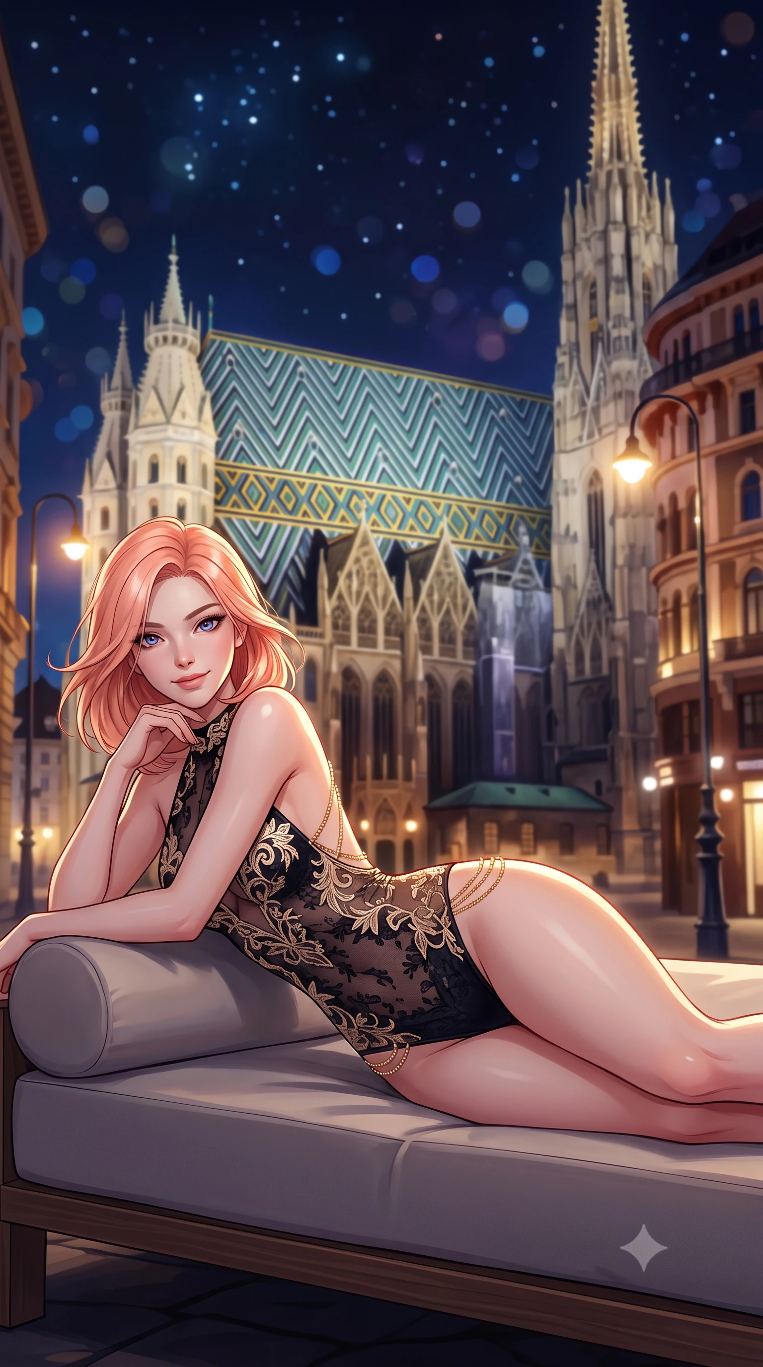 score_9, masterpiece, best quality, ultra-detailed, high-budget anime keyframe, semi-realistic 3D game render, editorial fashion photography, tasteful artistic composition, Japanese woman. close-up cowboy shot from the waist and thighs up, the character dominates the composition, filling the frame with her large presence. turning slowly with an enchanting smoldering smile, her glossy hair tossing in the breeze as her hips angle gracefully in a captivating contrapposto while lounging in the modern low-profile daybed propped on one elbow with legs extended, displaying her long slender limbs and statuesque hourglass silhouette. The background shows a soft-focus diamond-patterned glazed tile roof and illuminated spire of St. Stephen's Cathedral, historic boulevard streetlights, and starry sky blurred into topaz, sapphire, and obsidian bokeh. She has an exceptionally elegant, slender, and willowy female figure with an ultra-slim waist, flat toned midriff, narrow ribcage, and sculpted feminine hips creating an alluring, slim hourglass silhouette without bulk. sharp v-shaped jawline, high-bridge nose, intricate jewel-like sparkling eyes with depth, thick eyelashes, glossy parted lips with a natural peach sheen, bright cheerful beaming smile with an enchanting and coquettish sensual glint, exuding both youthful cute charm and seductive allure, flawlessly proportioned anatomical accuracy, strict slender model proportions, natural body alignment, perfectly sculpted long slender limbs, ultra-slim waistline, clean dynamic posture without body distortion. wearing an alluring backless sheer lace leotard with high-cut leg openings and delicate floral embroidery framing her spine in deep midnight obsidian black and champagne gold, woven from fine semi-opaque stretch illusion mesh tracing her slender contours, accented with an open-back drape framed by falling strands of delicate gold chains, the glove-like clinging cut tightly following the natural contour of her hips and long slender legs with youthful 8.5-heads elegance. illuminated by glass reflection bounce and sharp platinum-gold rim lights defining her dewy collarbones, ultra-slim waist, and curvy hips. highly saturated vibrant anime colors, detailed shading with soft gradients, rich glossy textures, high-contrast stereoscopic depth, volumetric dynamic lighting, master piece, 9:16 ratio