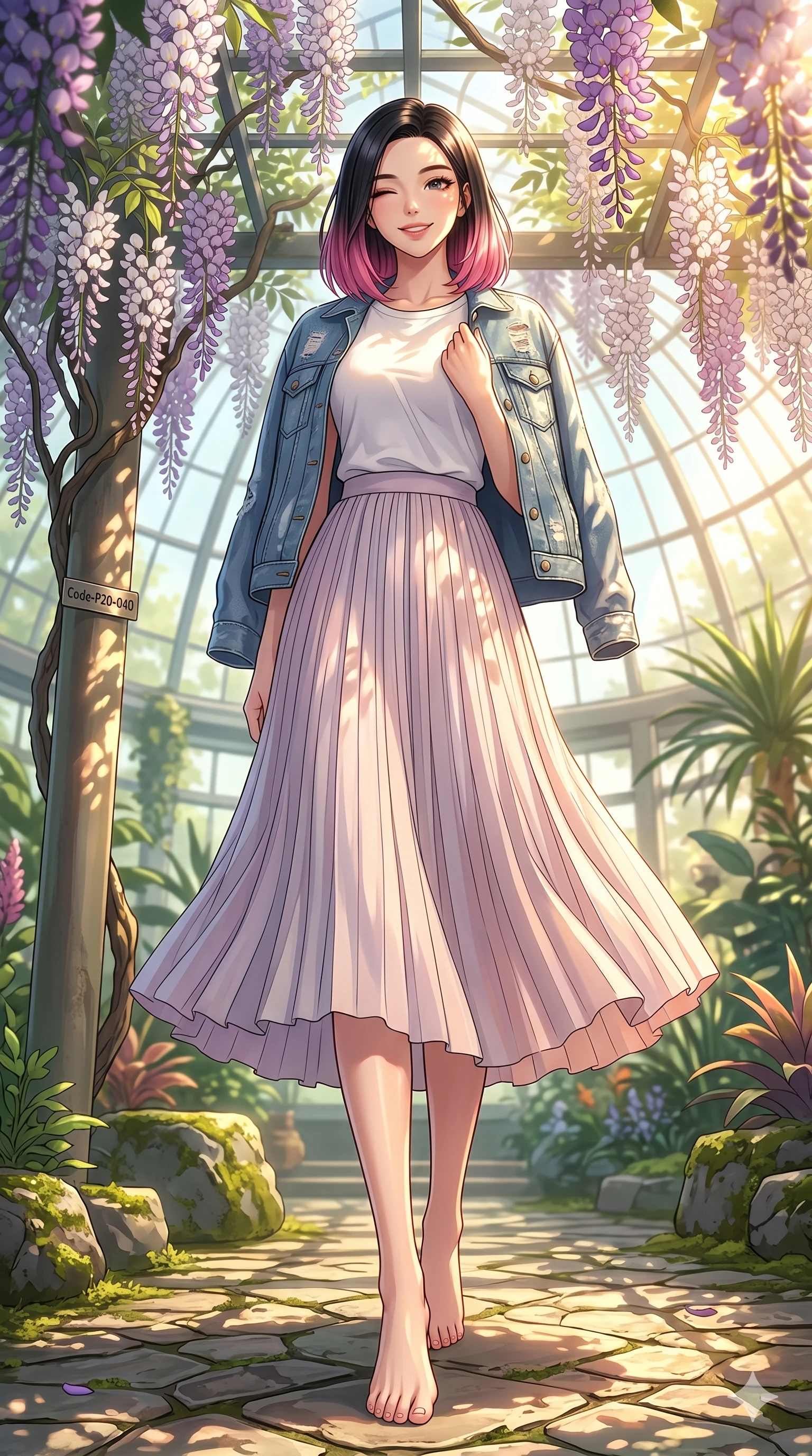 score_9, masterpiece, best quality, ultra-detailed, high-budget anime keyframe, vibrant anime aesthetic, Korean woman. low angle full-body shot from head to toe showing her feet, filling the entire 9:16 vertical frame with her statuesque presence, stretching her vertical silhouette. She is standing under wisteria vines, winking with a delightful and smiling face standing in a quiet botanical sanctuary with sunlight filtering through a glass dome (Code-P20-040). She has an absolutely perfect 8-heads proportion, an exceptionally tall and slender female figure with impossibly long slender legs and an ultra-slim waist. V-shaped jawline, high-bridge nose, intricate jewel-like eyes with depth, thick eyelashes, glossy lips with a natural sheen. wearing a modern denim jacket over a cotton tee and long pleated skirt. She is drenched in brilliant morning sunshine, casting long warm highlights and leaf patterns. 2k, ultra detail, master piece, 9:16 ratio