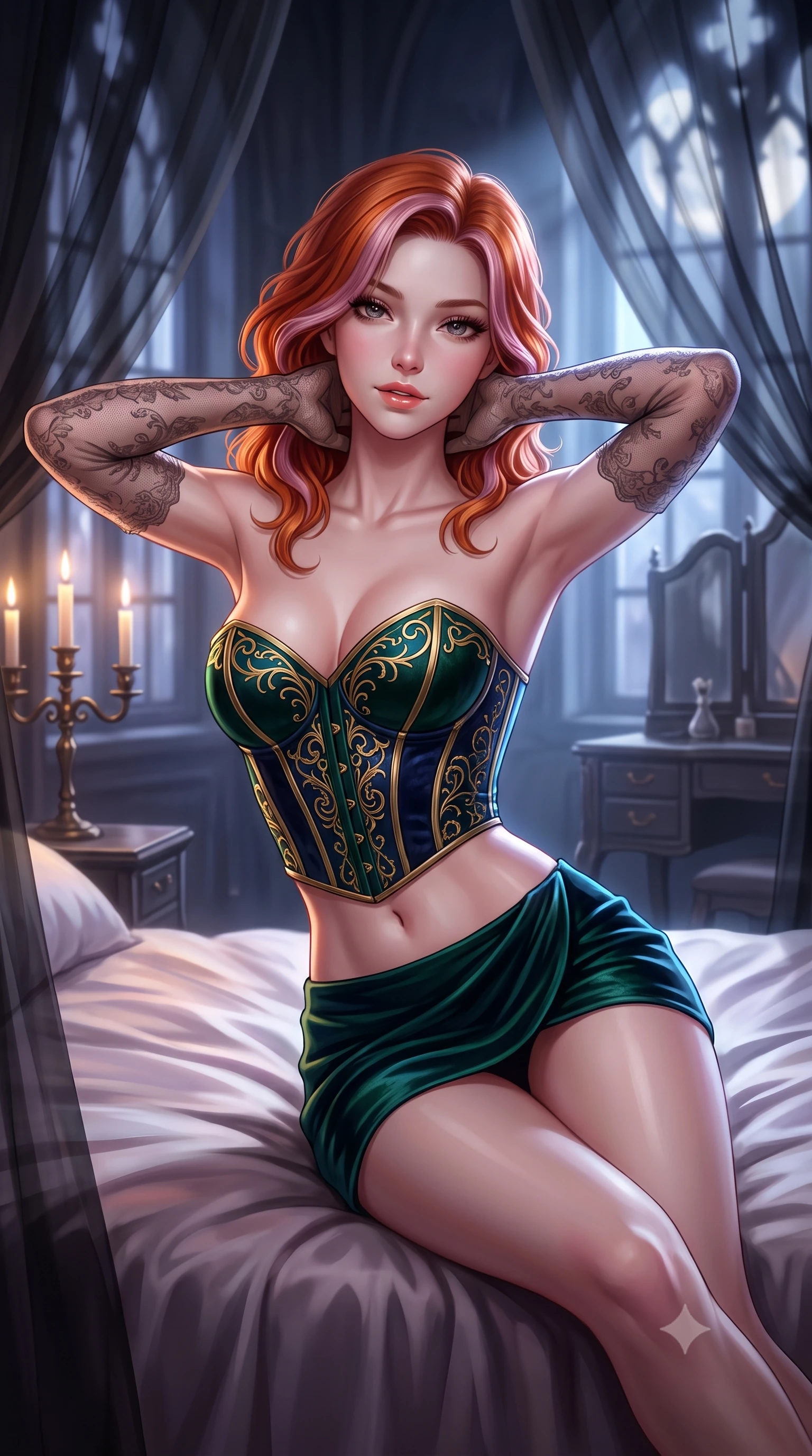 score_9, masterpiece, best quality, ultra-detailed, high-budget anime keyframe, semi-realistic 3D game render, editorial fashion photography, tasteful artistic composition, Caucasian woman. close-up cowboy shot from the waist and thighs up, the character dominates the composition, filling the frame with her large presence. resting both hands lightly behind her neck with elbows raised, arching her spine to highlight her narrow waist, flat midriff, and breathtaking collarbones while reclining sideways on the plush silk duvet propped on one elbow, her flat midriff and long slender legs commanding the intimate boudoir. The background shows a soft-focus floating sheer black organza canopy curtains, antique gothic vanities, and moonlight blurred into charcoal, lavender, and silver bokeh. She has an exceptionally elegant, slender, and willowy female figure with an ultra-slim waist, flat toned midriff, narrow ribcage, and sculpted feminine hips creating an alluring, slim hourglass silhouette without bulk. sharp v-shaped jawline, high-bridge nose, sparkling eyes with hypnotic seductive depth, thick curled eyelashes, glossy parted lips with a natural dewy peach sheen, alluring bedroom-eyes with an enchanting coquettish smile, exuding magnetic siren charisma and sophisticated glamour, flawlessly proportioned anatomical accuracy, strict slender model proportions, natural body alignment, perfectly sculpted long slender limbs, ultra-slim waistline, clean dynamic posture without body distortion. wearing a structured Victorian boned leatherette corset bodice paired with an ultra-short micro-wrap velvet mini skirt in deep emerald velvet and dark sapphire with gold filigree, crafted from smooth liquid-tight stretch jersey emphasizing every curve of her body, complemented by sheer opera-length lace evening gloves tracing her slender arms, the glove-like clinging cut tightly following the natural contour of her hips and long slender legs with youthful 8.5-heads elegance. bathed in cool moonlight streaming through tall gothic windows mixed with soft bedside candelabra warmth. highly saturated vibrant anime colors, detailed shading with soft gradients, rich glossy textures, high-contrast stereoscopic depth, volumetric dynamic lighting, master piece, 9:16 ratio