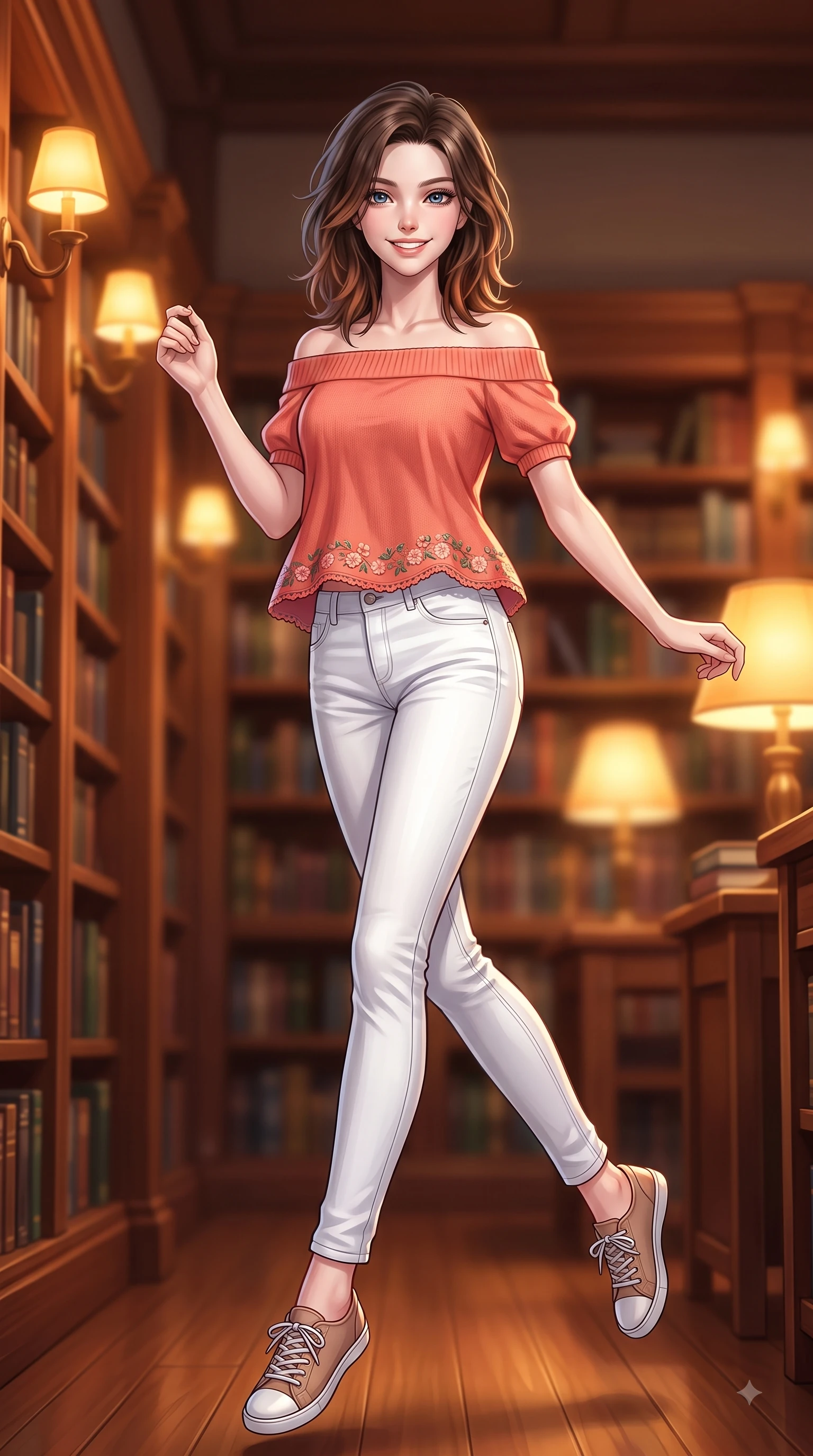 score_9, masterpiece, best quality, ultra-detailed, high-budget anime keyframe, editorial fashion photography, tasteful artistic composition, Korean woman. low angle full-body shot from head to toe showing her feet, filling the entire 9:16 vertical frame with her statuesque presence, stretching her vertical silhouette. leaping with pure youthful energy through the scene with a radiant bright smile, her long slender legs balanced gracefully while pivoting dynamically in a quiet library nook with a sweet, intelligent smile and sparkling eyes. The composition keeps background elements in soft focus with dreamy bokeh. warm oak book stacks and glowing amber lamps blurred into cozy, creamy background bokeh. She has an absolutely perfect, statuesque 8.5-heads proportion, an exceptionally tall and slender model-like female figure with impossibly long slender legs and an ultra-slim waist. sharp v-shaped jawline, high-bridge nose, intricate jewel-like eyes with depth, thick eyelashes, glossy lips with a natural sheen, flawlessly proportioned anatomical accuracy, natural body alignment, perfectly sculpted elegant limbs, clean dynamic posture without body distortion. wearing a stylish off-shoulder coral knit top with slim-fit white stretch denim pants in baby blue and cloud white, tailored from crisp cotton poplin, complemented by delicate embroidered floral trim along the hem, the relaxed yet flattering fit accentuating her naturally graceful and slender figure. illuminated by soft glowing amber indoor lamps and warm wood reflections. highly saturated vibrant anime colors, detailed shading with soft gradients, rich glossy textures, high-contrast stereoscopic depth, volumetric dynamic lighting, master piece, 9:16 ratio